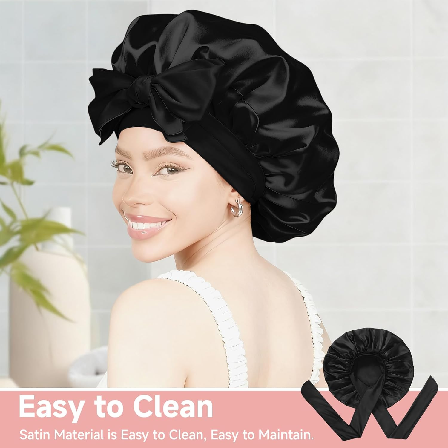 AIAOO Silk Bonnet for Sleeping Satin Hair Bonnet with Bow Ribbon Elastic Wide Band, Large Size for Curly Natural Hair, Night Sleep Cap for Women, Soft Breathable, Wig Protection image number 6