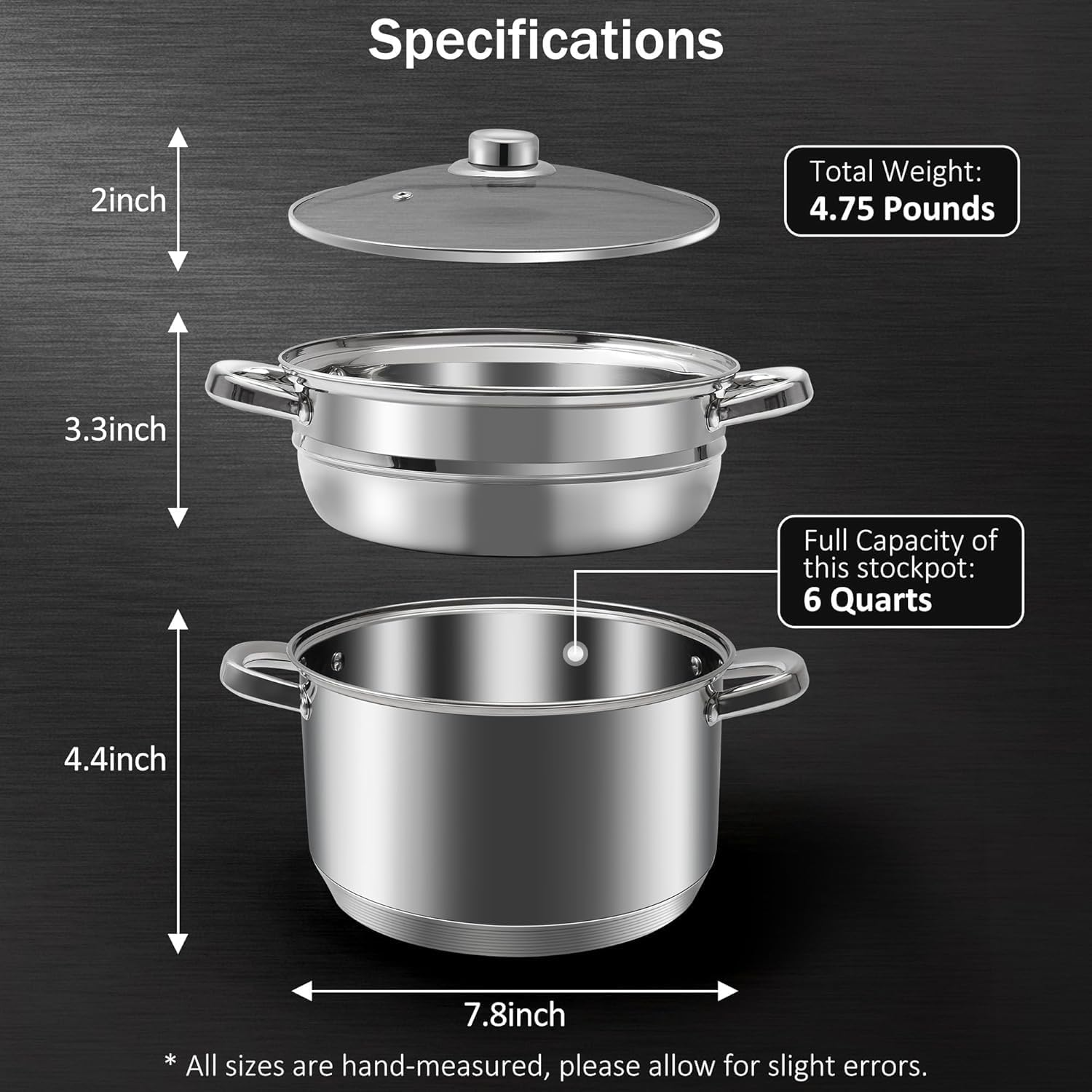 ASKSCICI 4 Quart 18/10 Stainless Steel Tri-Ply Stockpot with Tempered Glass Lid and Multipurpose Steamer Insert - Compatible with All Cooktops, Non-Toxic, Oven and Dishwasher Safe Silver Steamer Pot image number 4