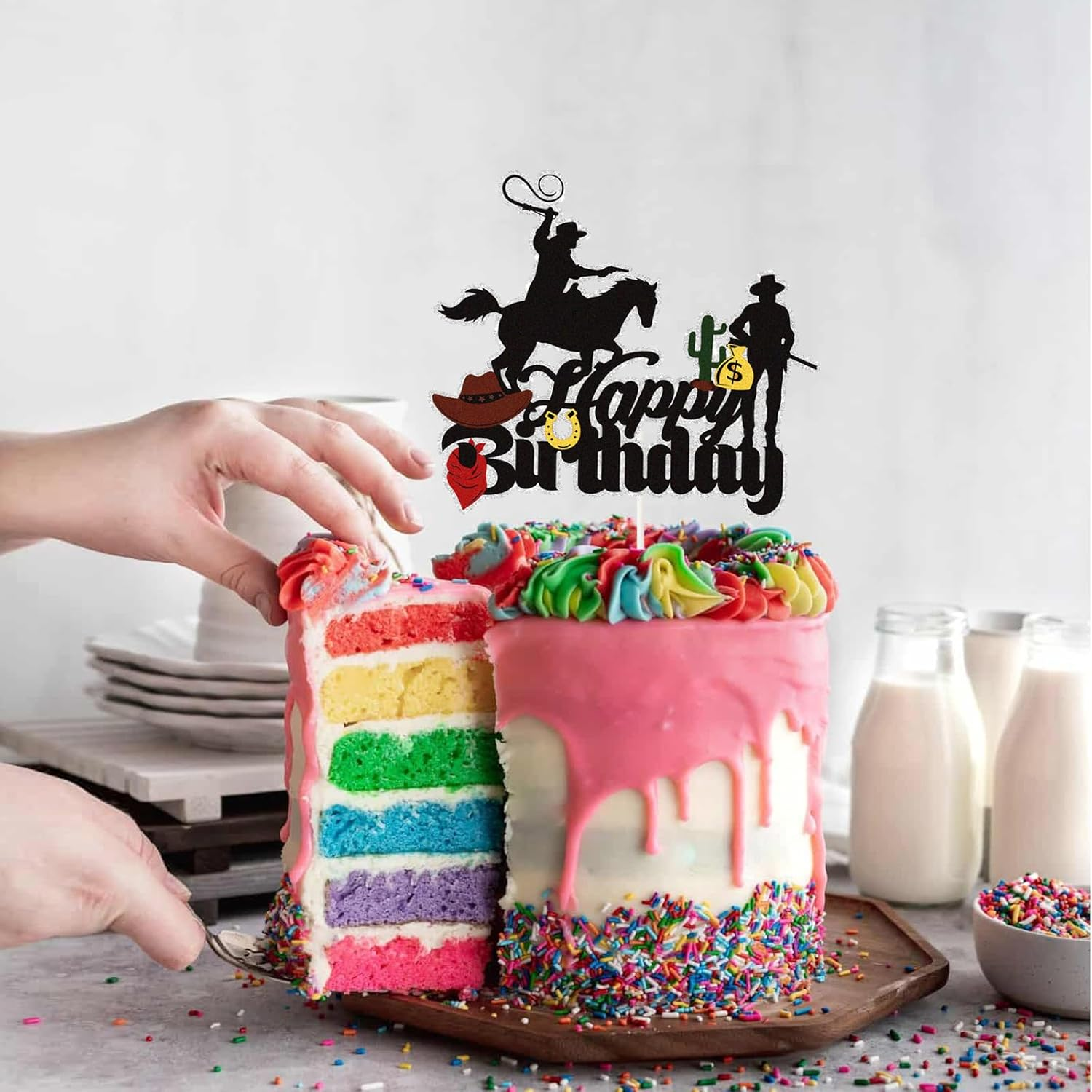 Cowboy West Happy Birthday Cake Toppers, Wild West Cowboy Western Party Cake Decor,Cowboy on Horseback Boys, Girls and Children'S Cowboy Theme Birthday Decorations. image number 2
