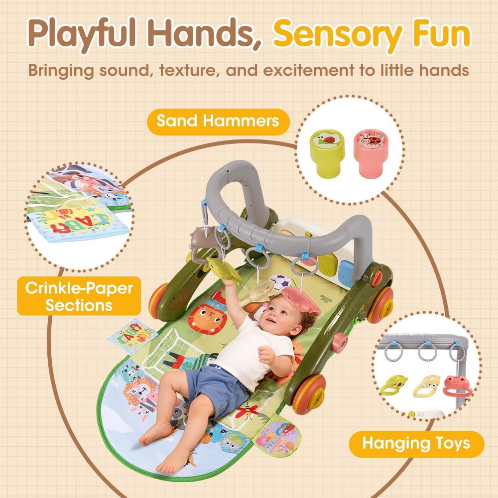 Playpals Baby Play Mat & Gym, Kick and Play Piano Mat & Hanging Toys, Adorable Animal-Themed Baby Play Gym, Tummy Time Mat, Sit-To-Stand Walker & Ride-On Toy for Newborns to Toddlers, Green - Pink image number 7