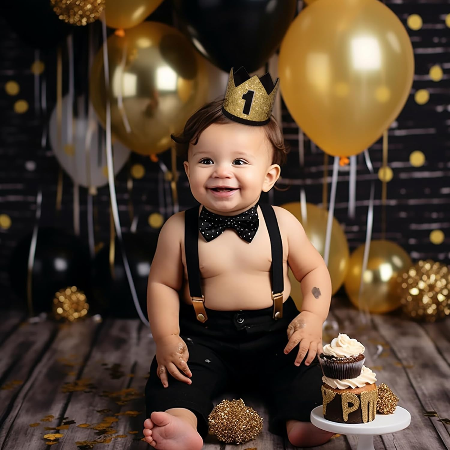 Maticr Glitter Baby Boy First Birthday Crown Number 1 Headband Little Prince Princess Cake Smash Photo Prop - Large Gold  Black 1 image number 5