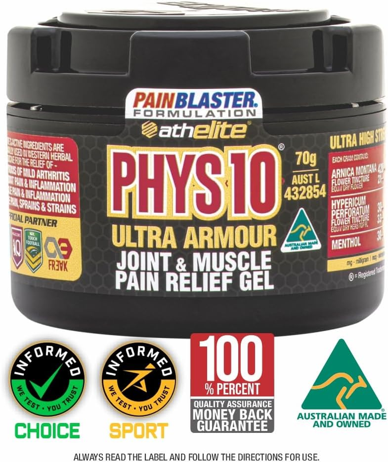 PHYS10 Ultra Armour - Joint and Muscle Pain Relief Gel 70G POWERED by PAIN BLASTER. High Potency TOPICAL ANTI-INFLAMMATORY. Temporary Relief for Mild Arthritis & Mild Osteoarthritis Symptoms, Non-Greasy, Easily Absorbed Gel with HIGH POTENCY ACTIVE INGREDIENTS That Include Arnica, Supports Joint Mobility. image number 6