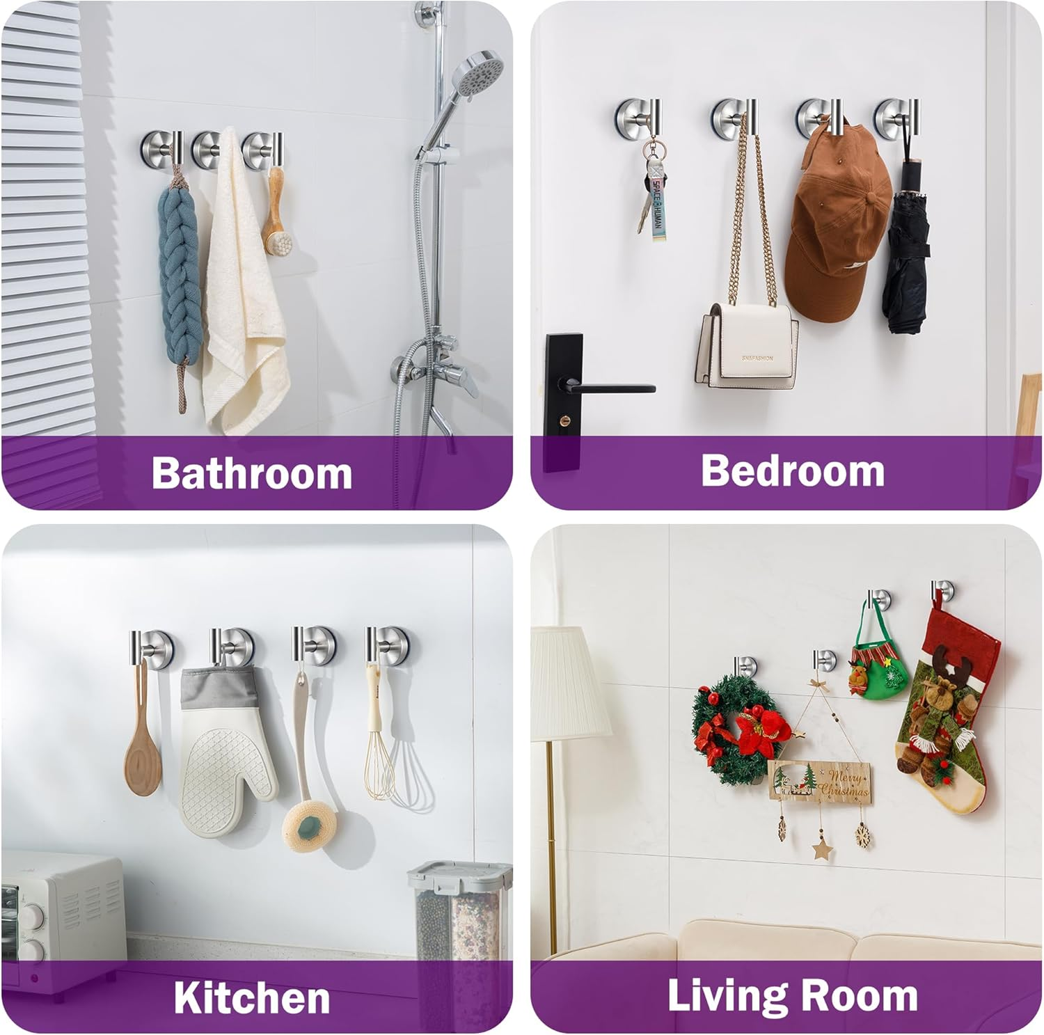 JOMOLA Suction Cup Hooks Shower Wall Stainless Steel Vacuum Shower Hook Heavy Duty Bathroom Suction Towel Holder for inside Shower Coat Hooks Wall Hanger for Door Glass Kitchen Brushed Silver 4Pcs image number 3