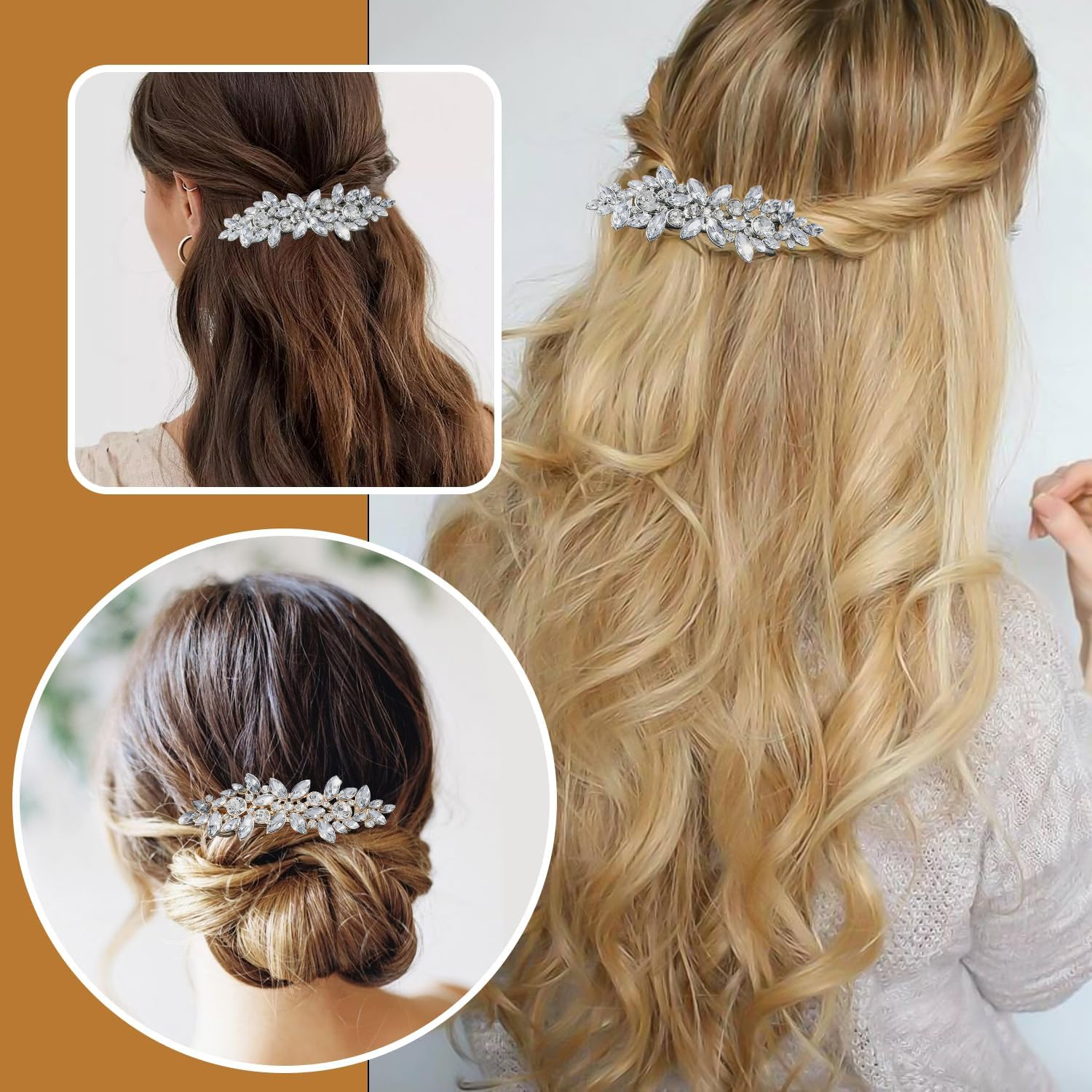 2 Pieces Rhinestone Hair Pins, Shiny Crystal Hair Accessories, Flower Shaped Side Clips, Bridal Headpiece, Suitable for Wedding and Dinner (Gold, Silver) image number 4