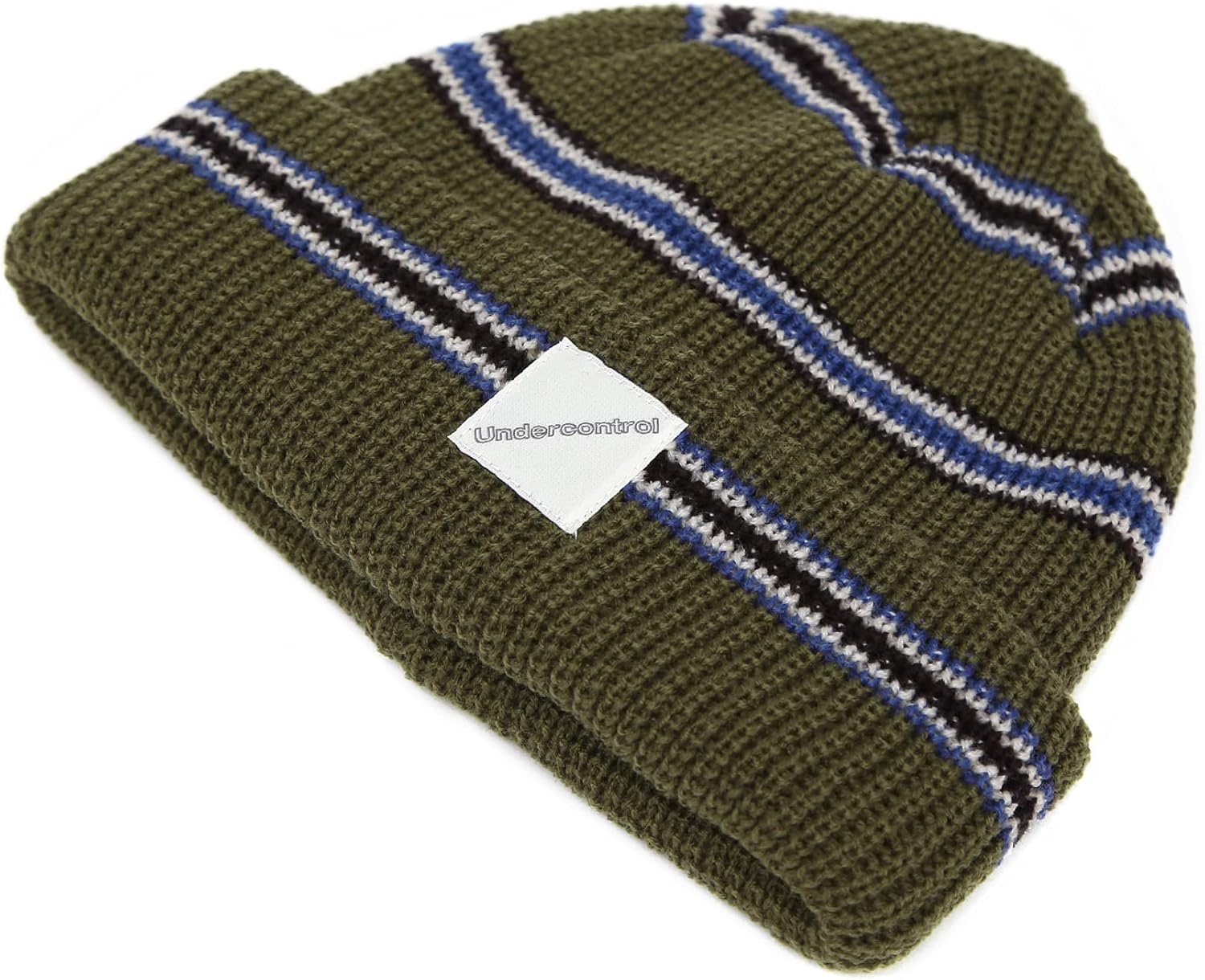 UNDERCONTROL Stripe Pattern Roll up Skullcap Warm Winter Watch Hats Thick Knit Cuff Square Logo Patch Unisex Fisherman Beanie - Khaki image number 4
