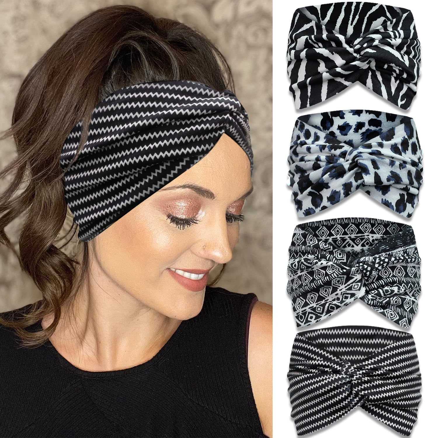 IVARYSS Extra Wide Headbands for Women Non-Slip, 7'' Large Twist Knotted Stretchy Wraps Head Bands Hair Accessories, 4 Pack, Black