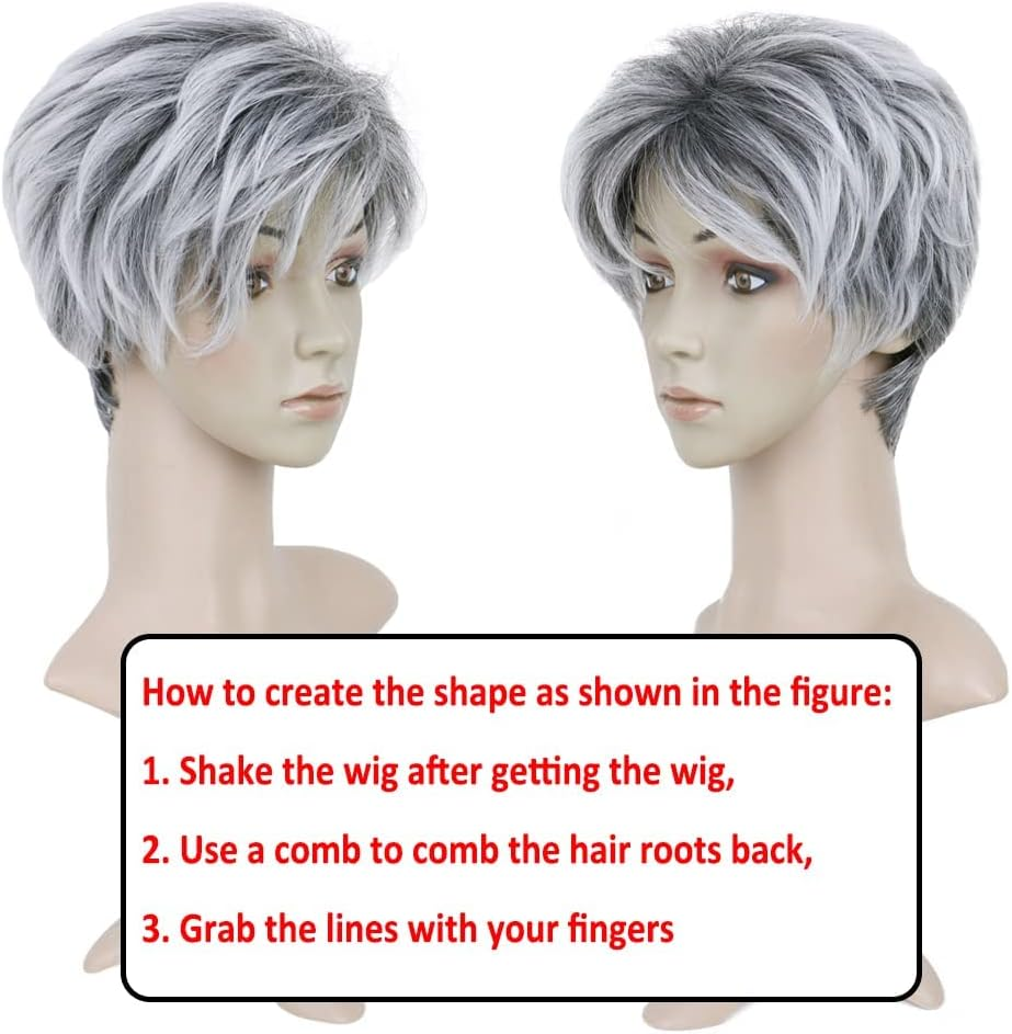 BECUS Grey Short Wig Ombre Gray Pixie Cut Short Wigs for Women with Dark Root Synthetic Natural Hair Wig