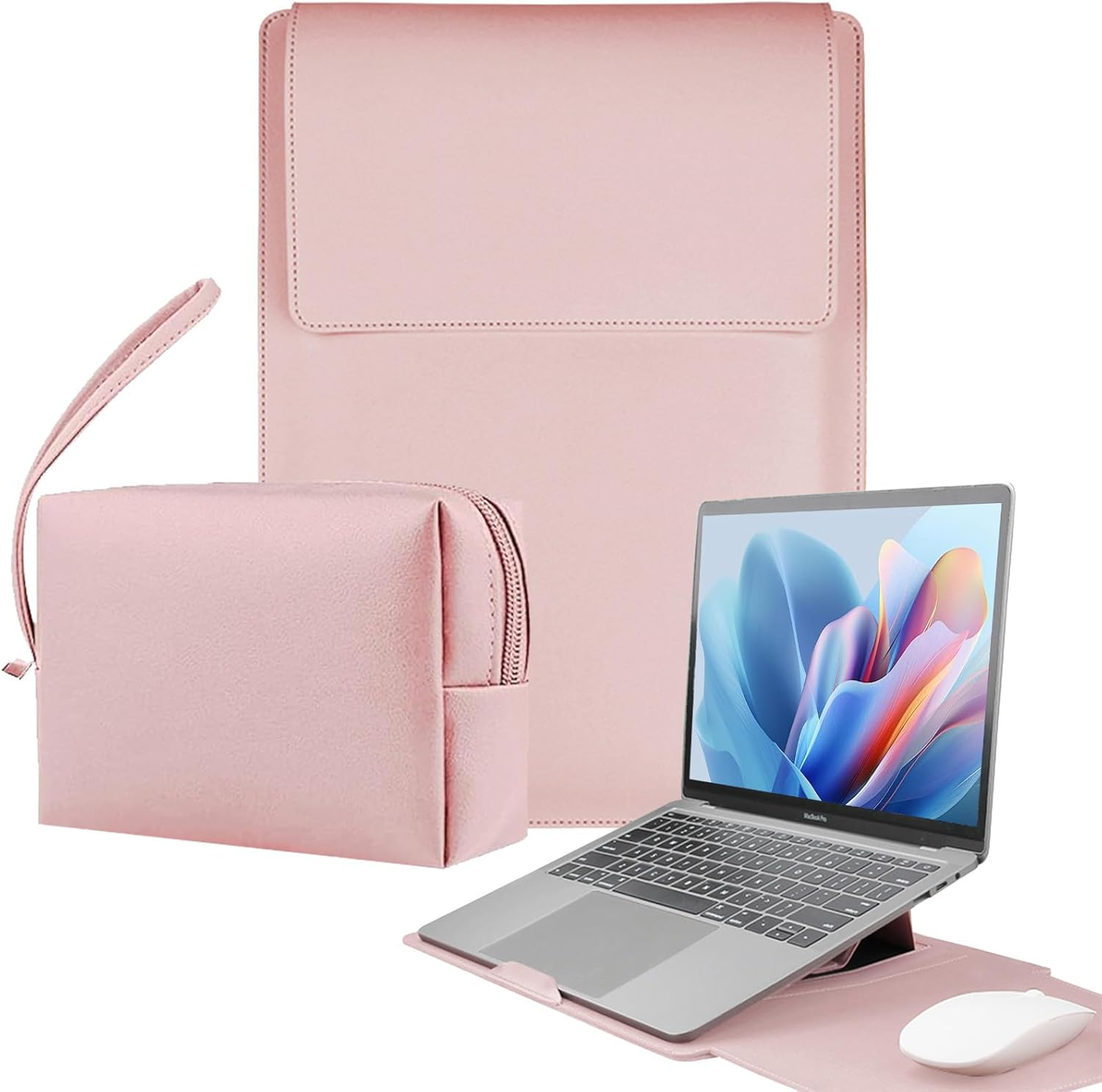 3-In-1 New Leather Laptop Sleeve Cover, with Stand Mouse Pad & Small Bag, Notebook Computer Protective Cover Slim Case for Macbook Air/Pro HP Dell ASUS Lenovo (13/14 Inch, Pink)