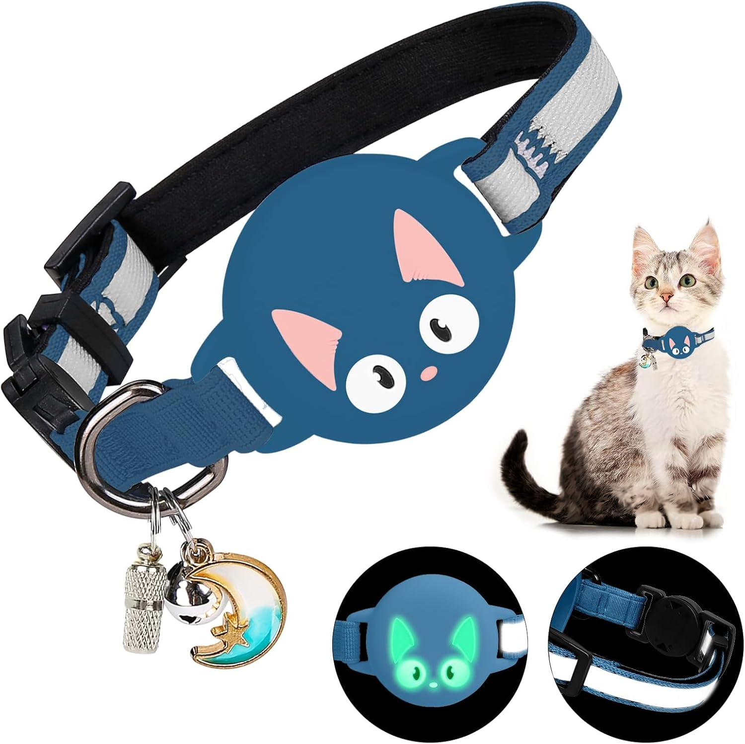 Woyinger Reflective Breakaway Cat Collars with Name Tag, with Apple for Air Tag Holder and Bell, Waterproof for Airtag Cat Collar Holder, Adjustable,Reflective Breakaway Cat Collars, for Cats (Blue) image number 4