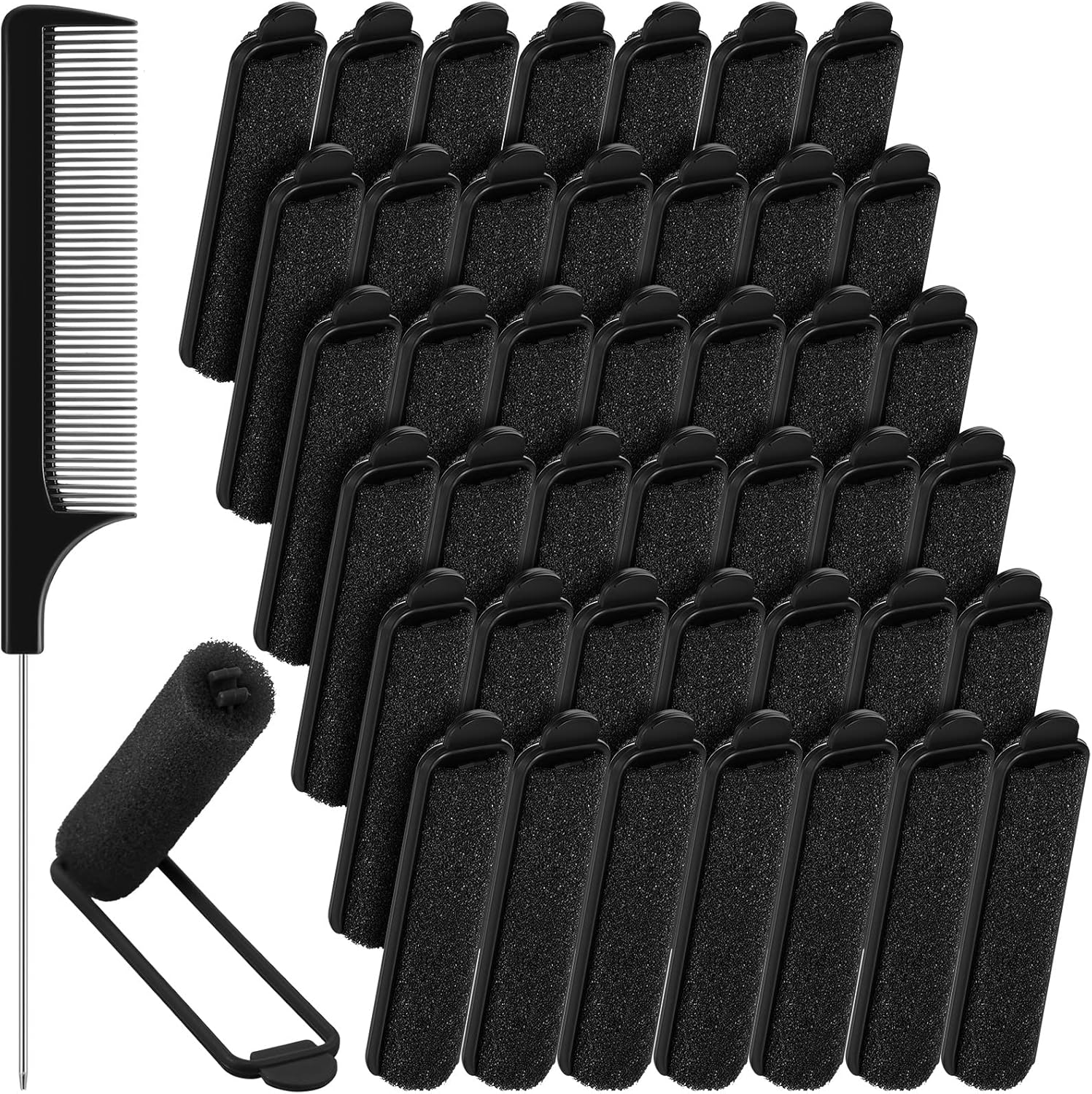 Syhood 43 Pcs Foam Sponge Hair Rollers Women 0.59 Inch Soft Sleeping Curlers Flexible Sponge Curler Tool and Rat Tail Comb for Hair Styling Hairdressing Overnight Curl and Volume(Black)