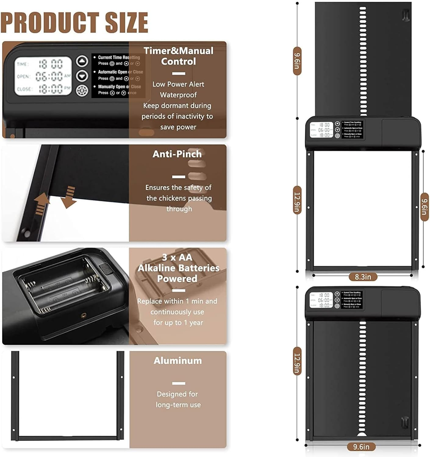 Automatic Chicken Coop Door, Chicken Coop Door Opener with Timer Control, Battery Powered Automatic Chicken Door, Full Aluminum with LCD Screen Water Proof