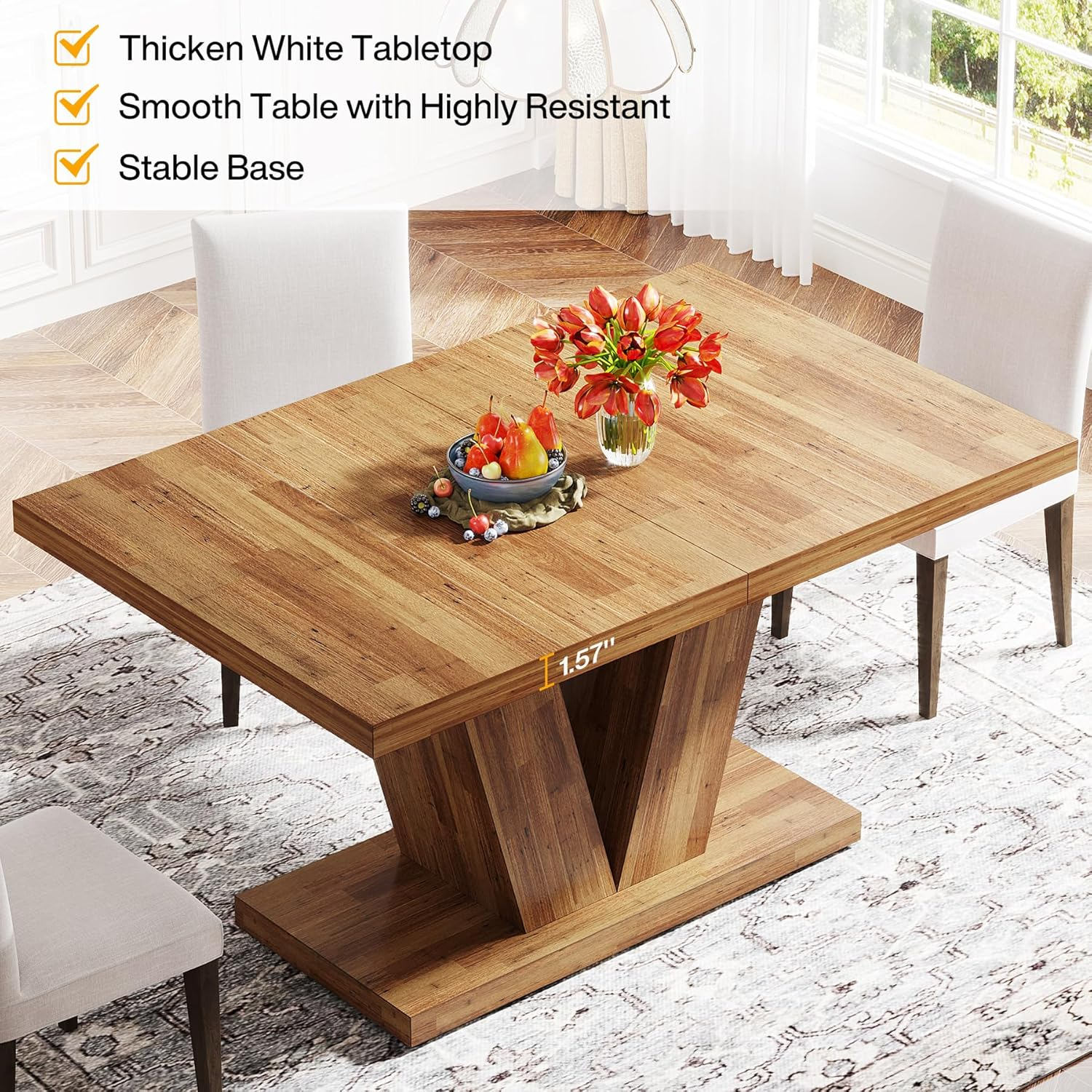 Tribesigns 119Cm Dining Table for 4, Walnut Brown Kitchen Dinner Table with Heavy Duty Pedestal, Farmhouse Wooden Eating Table for Home, Dining Room, Small Space image number 5