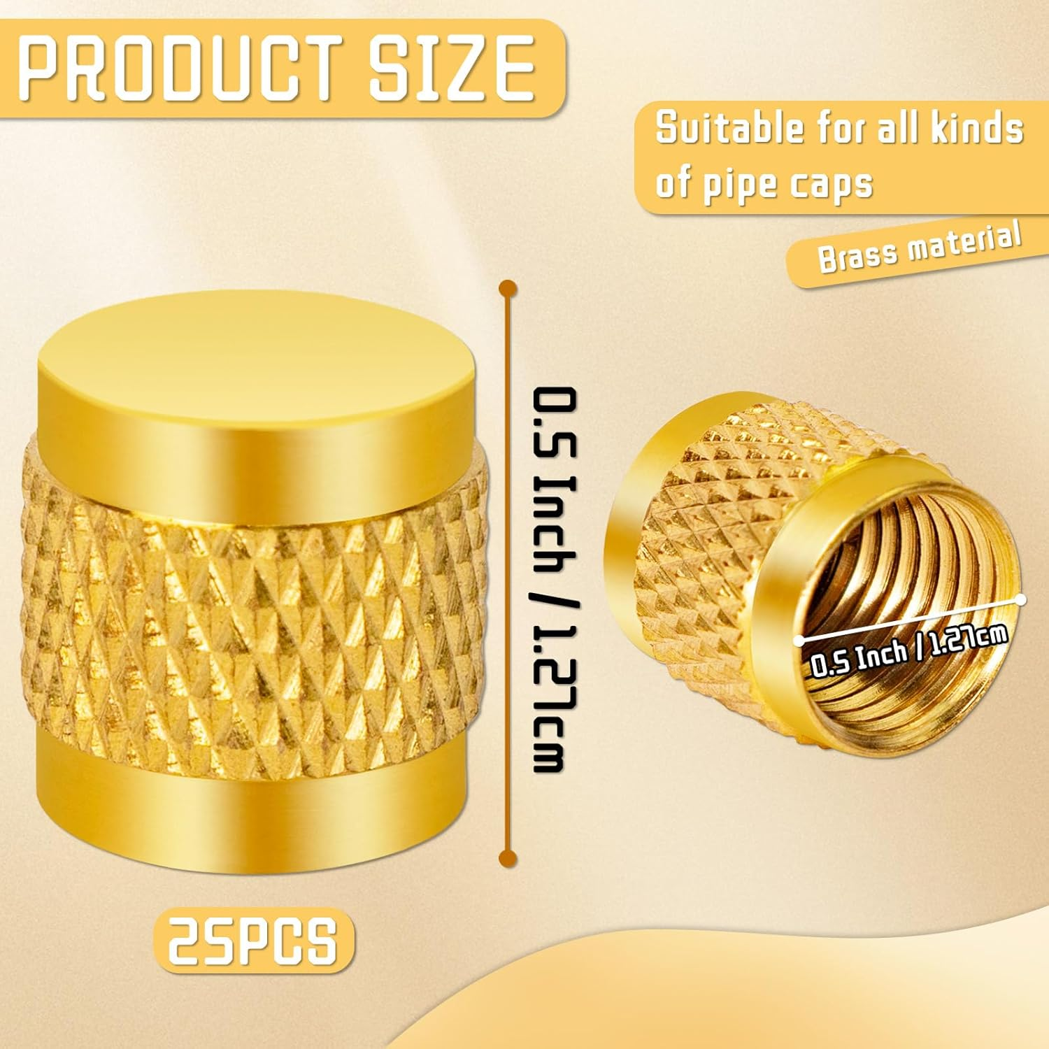25 PCS 1/4 Flare Caps, Brass Valve Caps HVAC, round Brass Cap, Metal Valve Stem Caps for Air Conditioning Industry Tubing (Gold)