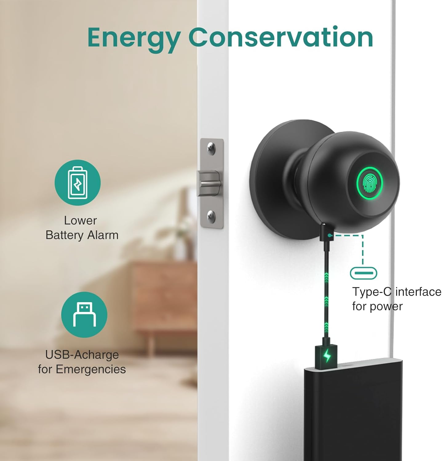 Ghome Smart Fingerprint Door Lock, Door Knob with App Smart Lock for Bedroom Door, Keyless Entry, Type-C Port Emergency Charging, Biometric Lock Great for Room, Garage, Office, Apartment (Matt Black) image number 4