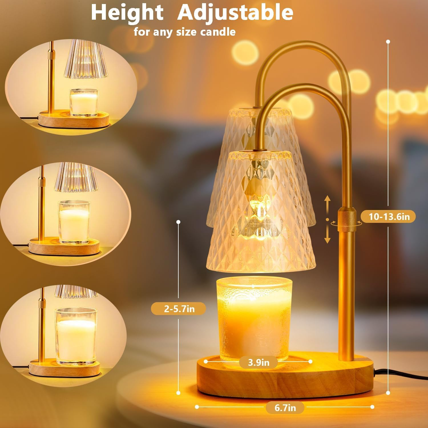 Candle Warmer Lamp with Timer and Dimmer,Adjustable Height Wax Melt Warmer with 2 Bulbs for Scented Jar Candles, Home Decor Gifts for Girl Friend Mom Sister Women, No Flame No Smoke Warming Light image number 3