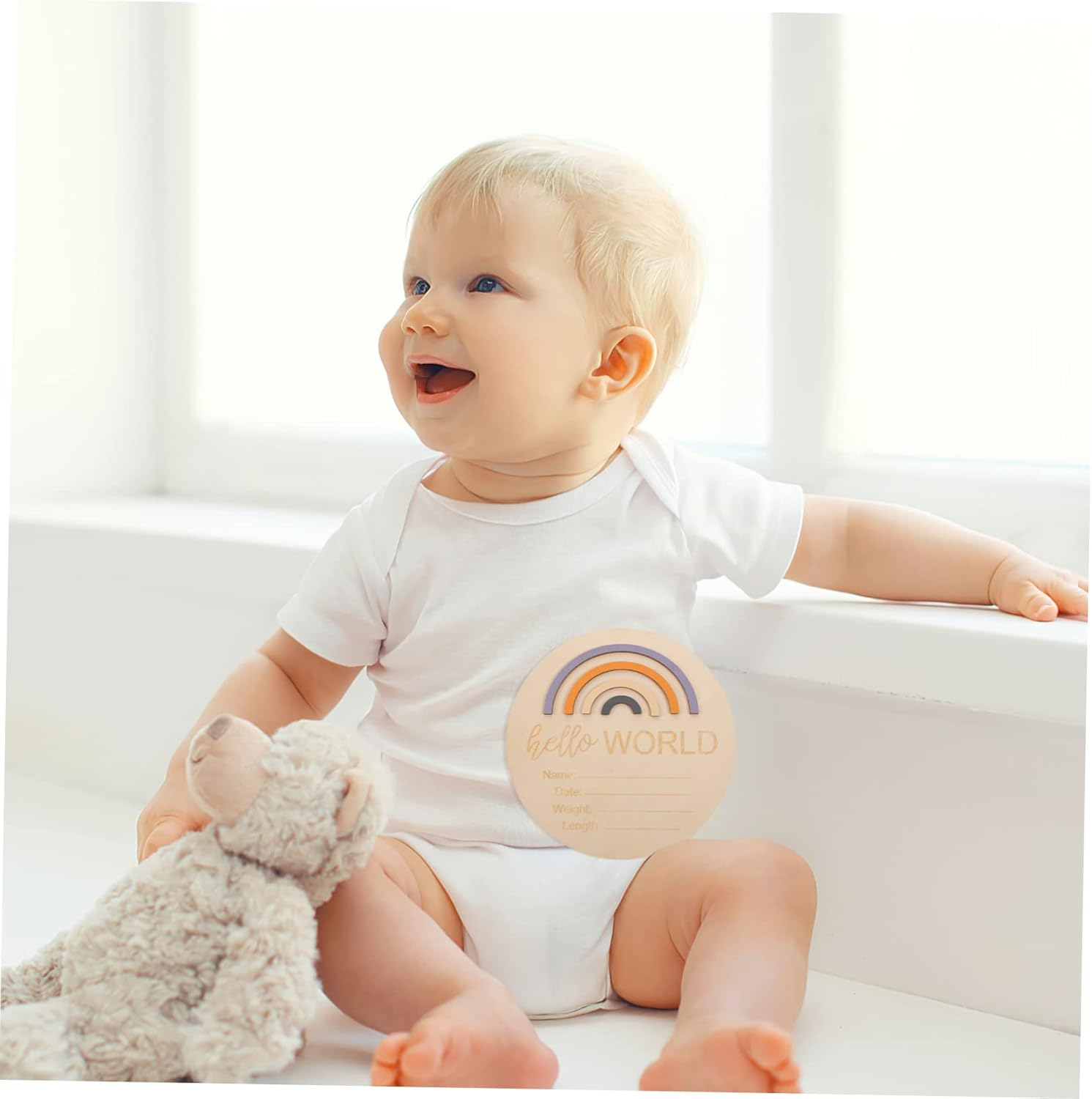 ERINGOGO Wooden Milestone Cards Rainbow Design Newborn Monthly Announcement Discs Photo Prop Keepsake for Nursery and Name Sign image number 2