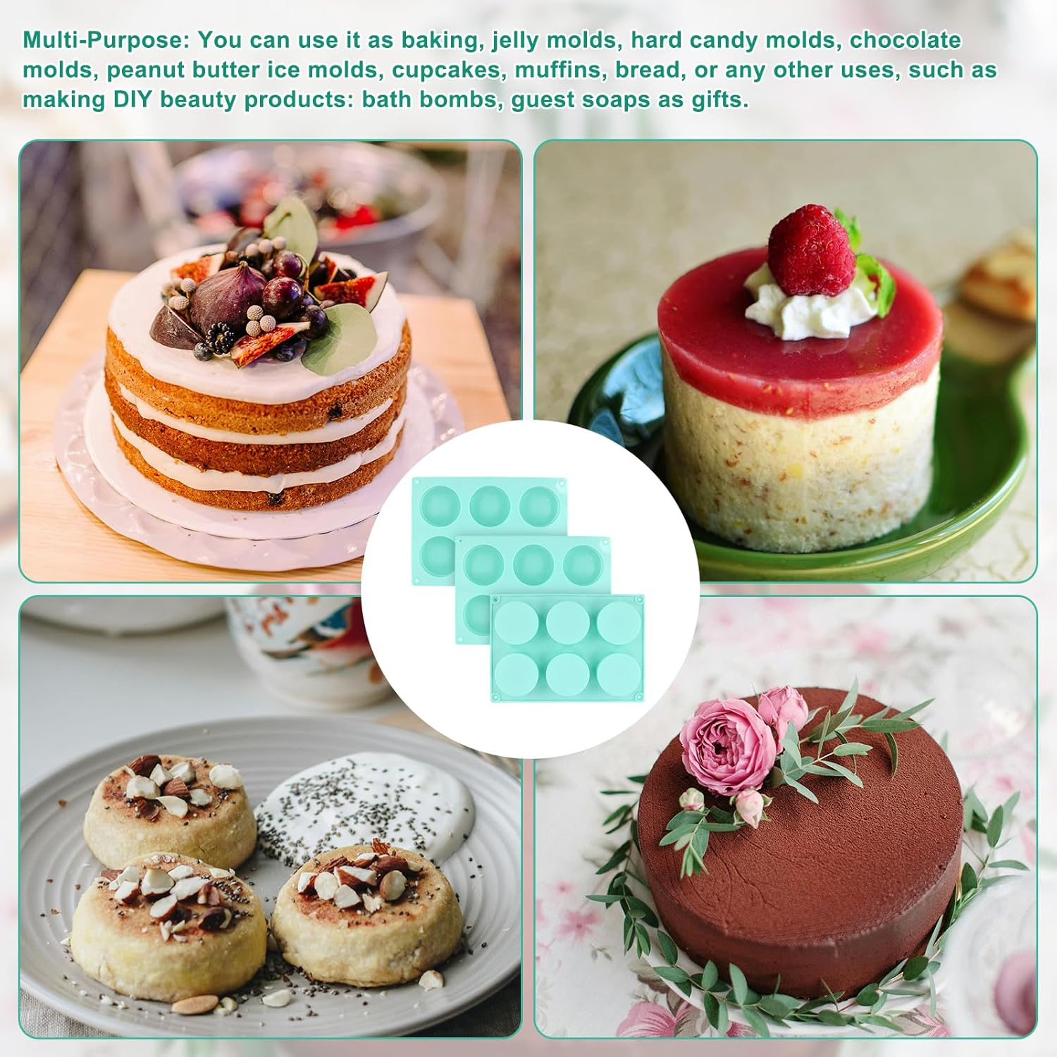 3Pcs Cake Puck Template Set, 6-Cavity Silicone Cake Moulds for Baking round Chocolate Cake Stencil Cake Baking Molds Supplies for Cake, Candy, Chocolate, Dessert image number 2