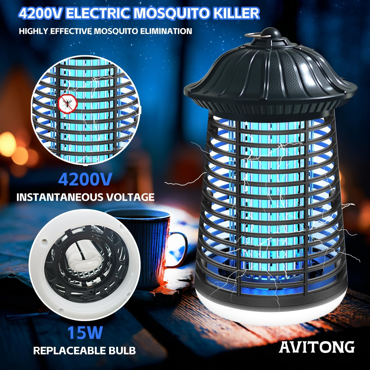 Electric Bug Zapper with LED Light, 15W Mosquito Insect Killer Lamp, Indoor Outdoor Fly Trap with 1.2M Cord, Safe Grid Design image number 4