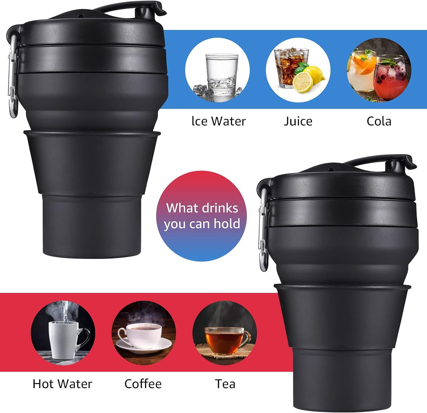 2PACK Collapsible Coffee Cup, 16 OZ 480Ml Silicone Folding Camping Mug, Leak Proof BPA Free Portable Sport Bottle with Lids for Hiking, Microwave & Dishwasher Safe (Black) image number 2