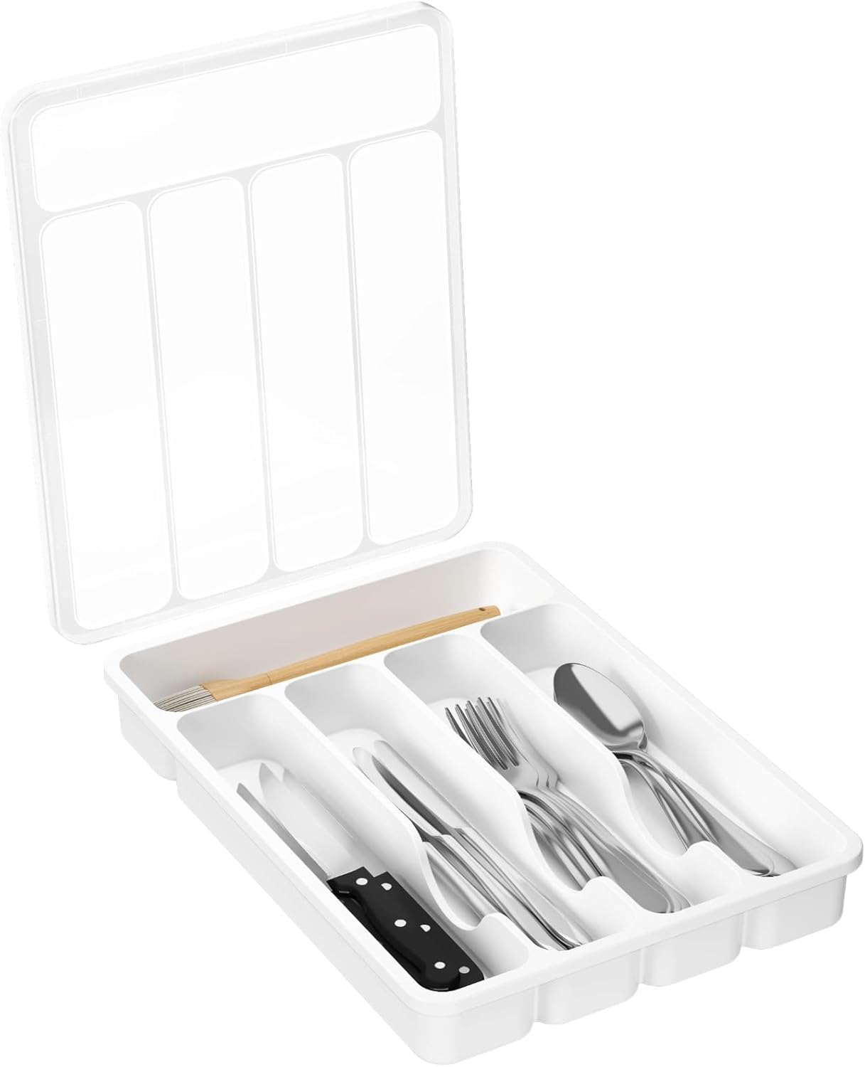 Lifewit Silverware Organizer with Lid, Covered Utensil Tray for Kitchen Drawer and Countertop, Plastic Cutlery and Flatware Storage Box for Spoons Forks Knives Holder Case, 5 Compartments, White
