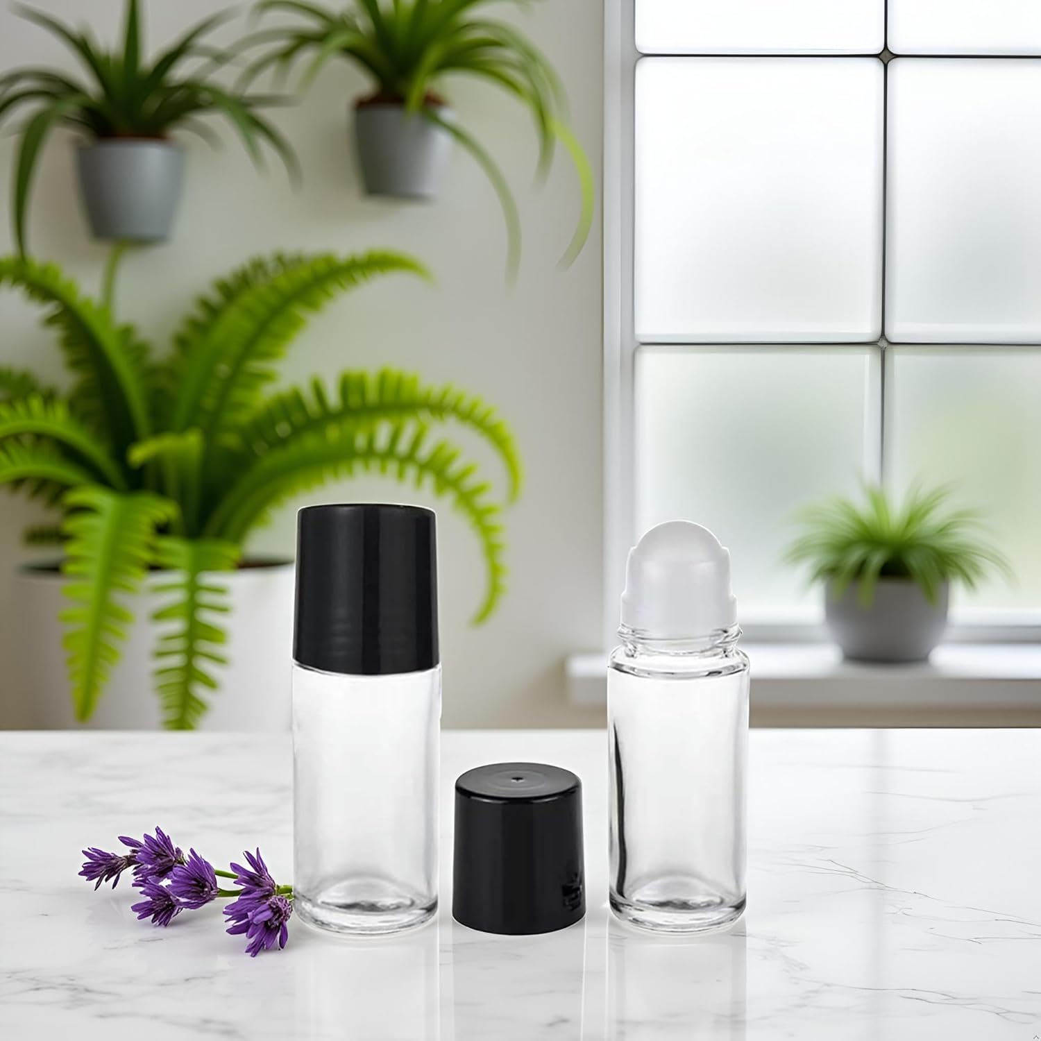 2Pcs Black Clear Empty Glass Essential Oil Roller Bottles Vials Containers Refillable Roll-On Bottles with Funnel Refillable Cosmetic Containers Roller (30ML) image number 4