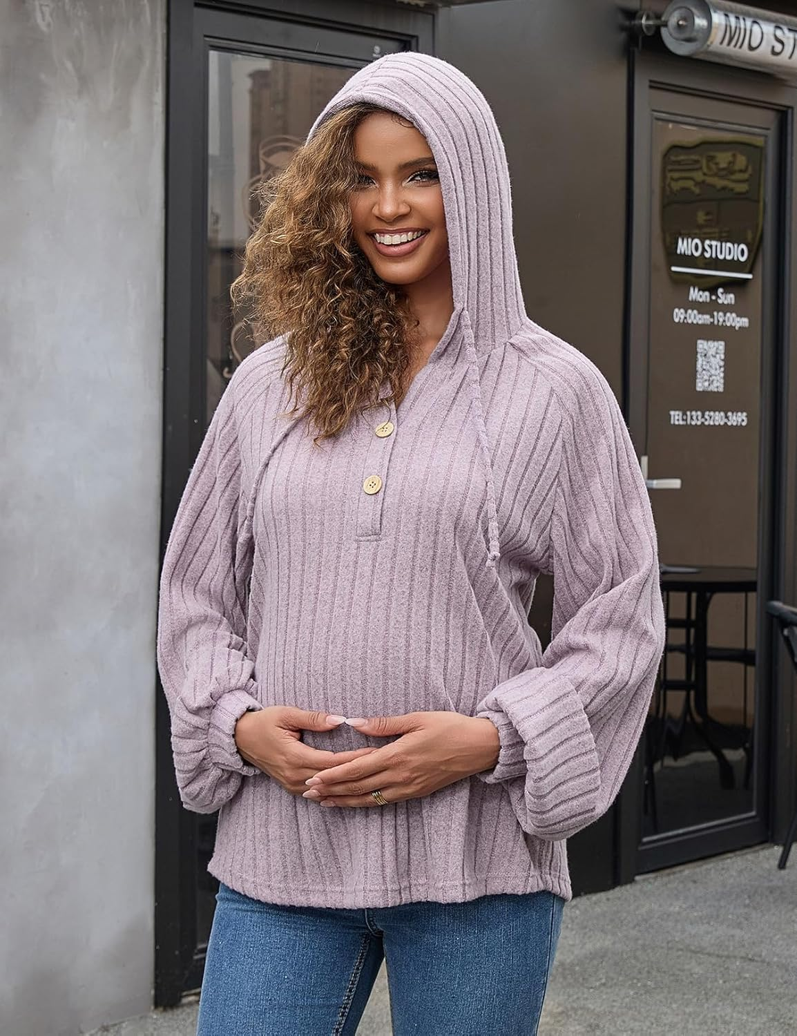 Maternity Oversized Sweatshirts for Women Long Sleeve Rib Knit Button Hoodies Loose Pullover Tops image number 3