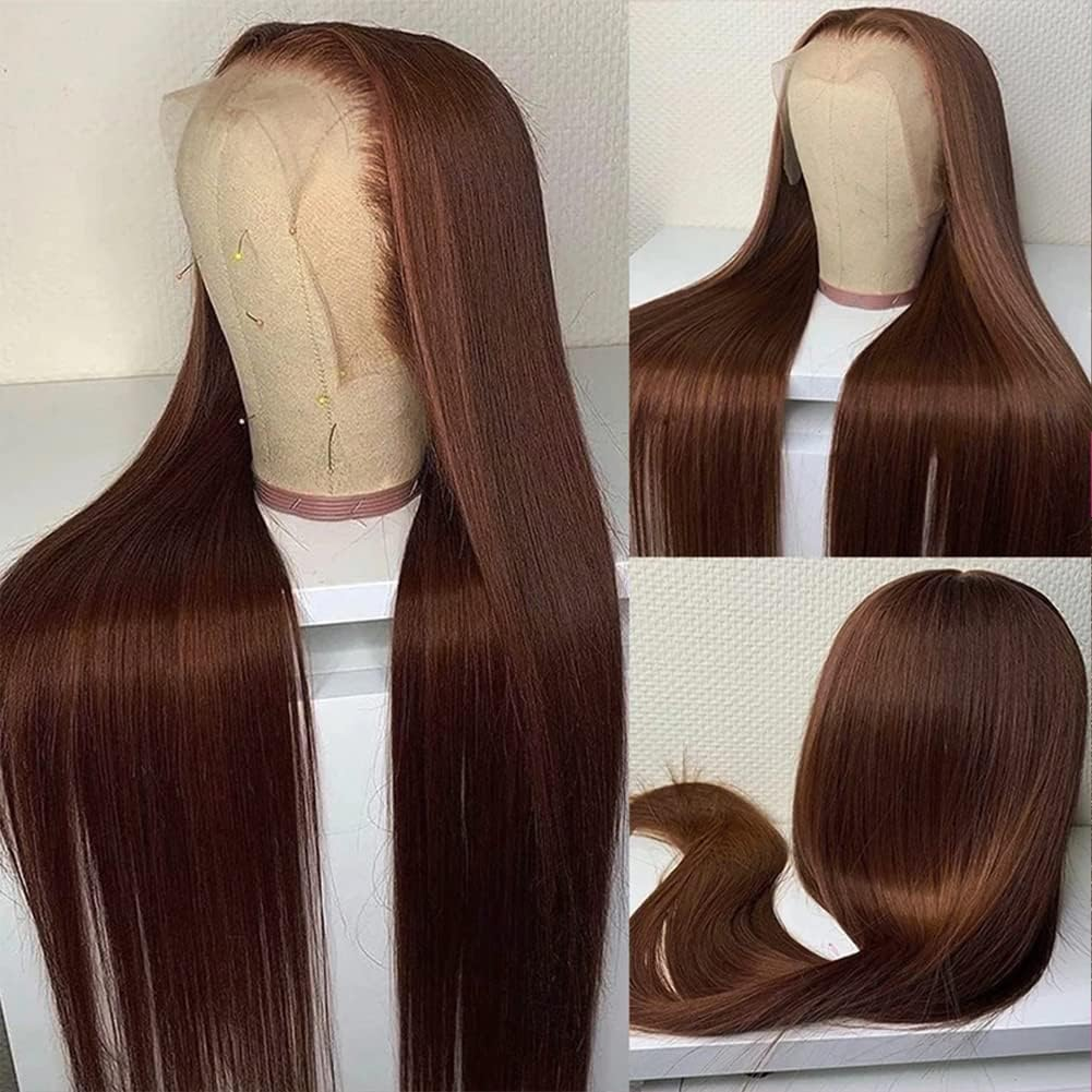Hermosa 13X4 Brown Lace Front Wigs Human Hair with Baby Hair 180 Density Straight Lace Frontal Human Hair Wigs Pre Plucked Hairline 4# Brown Color 28 Inch image number 5
