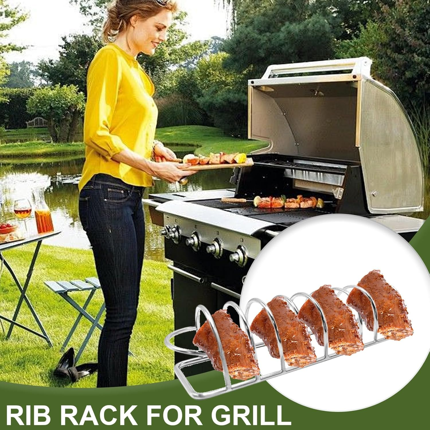 Non-Stick Rib Rack Pork for Smoker - Gas Smoker or Charcoal Grill, Holds up to 5 Baby Back Ribs, Roasting and Rib Holder Stainless Steel - Official Accessory, Compatible with Ninja