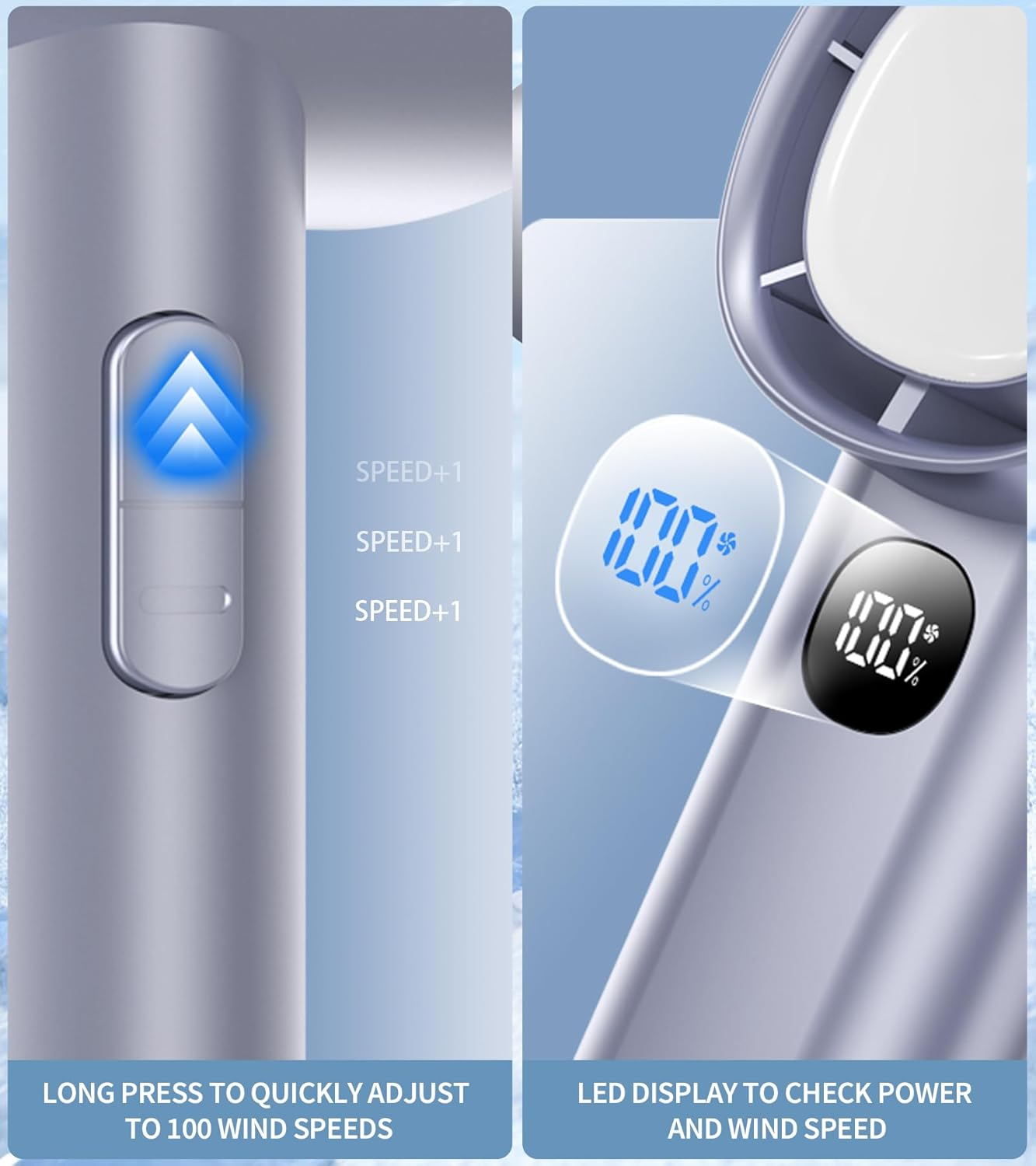 Mini Handheld Fan, Portable Hand Fan, 5000Mah Rechargeable Fan with Display, 100 Wind Speed Levels, Night Light Function, Silver