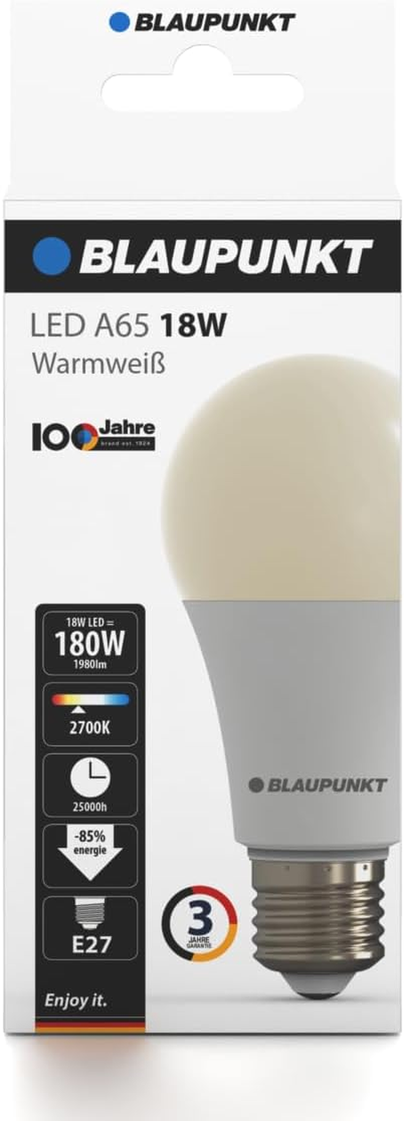 Blaupunkt LED Bulb Classic A65 LED Lamp, E27 Base Screw, 18W, Replaces 180W Incandescent, Warm White 2700K, Yellow Light, Non-Dimmable, 1980 Lumen, Light Bulb, Room Lighting, 1 Piece (Pack of 1)