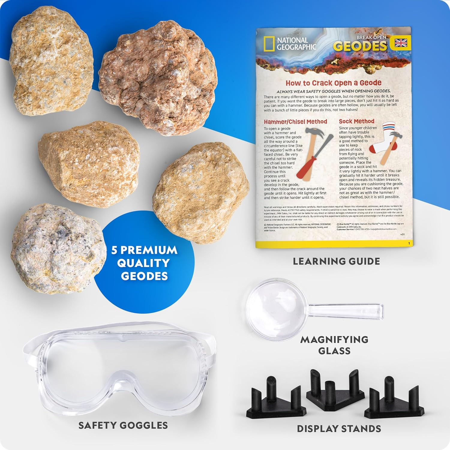 National Geographic Break Open 5 Jumbo Geodes Science Kit &ndash; STEM Science Gift for Boys & Girls, Break Your Own Geodes+ Goggles & Display Stand image number 2