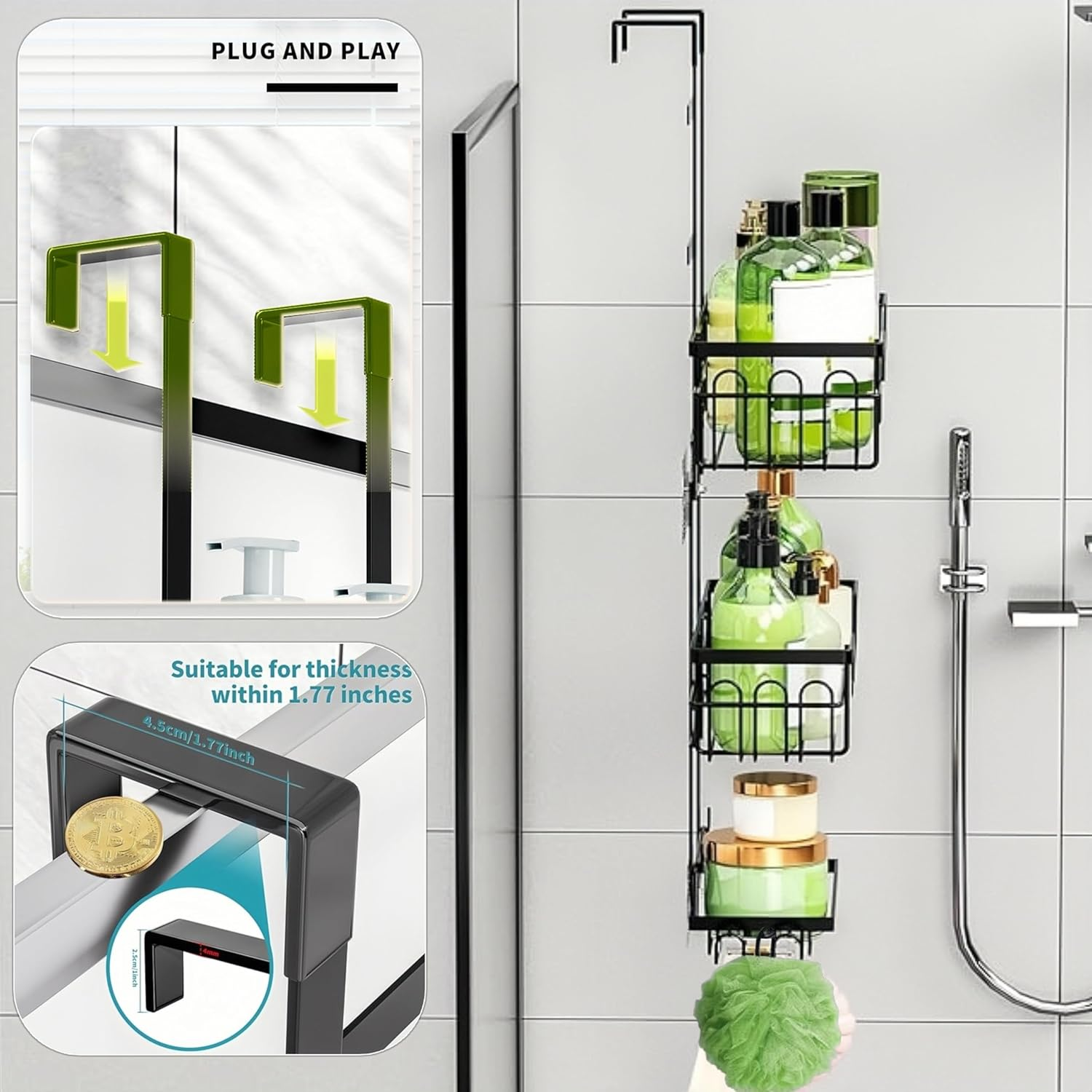 3 Tier over the Door Shower Caddy Hanging Shower Shelf with Soap Holder, Bathroom Hanging Shower Caddy over the Door Hanging Shower Basket with 4 Hooks, Toiletries Organizer for Bathroom Storage