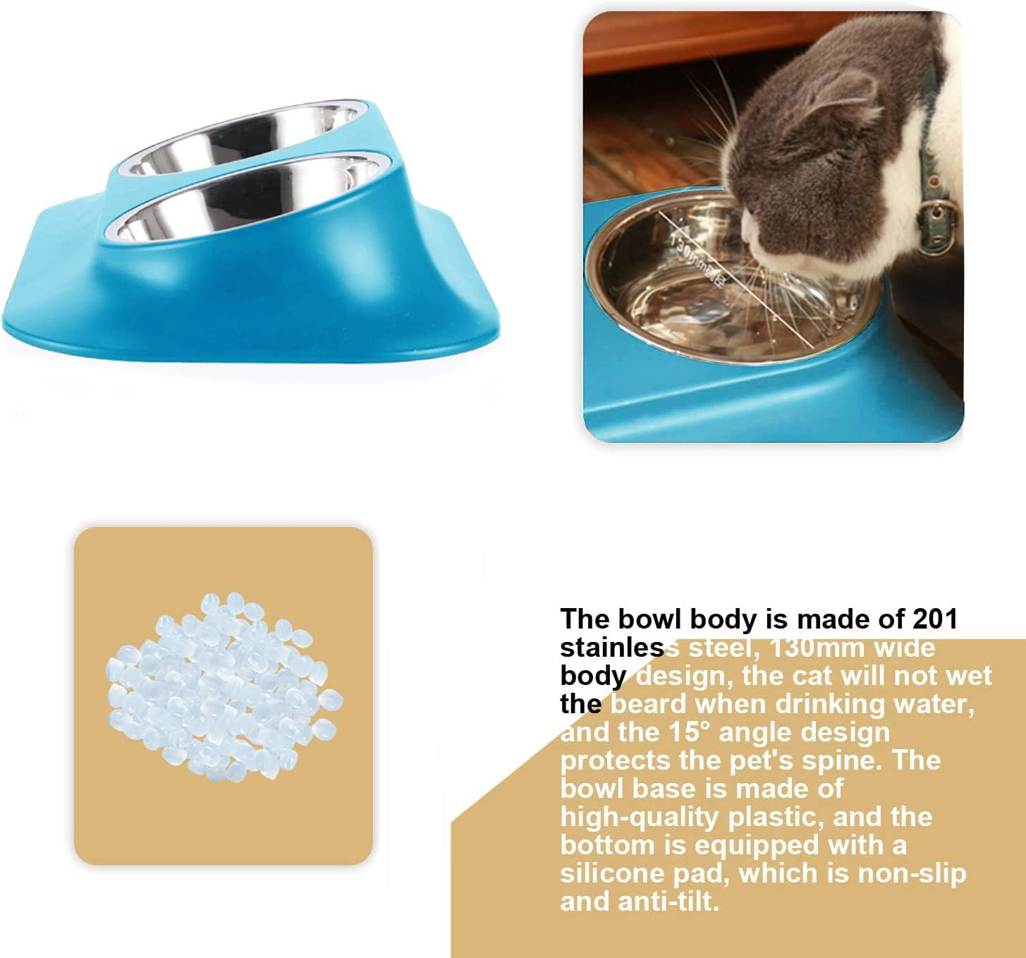 Raised Cat Bowl Pet Bowl,Stainless Steel Elevated Small Dog Bowls,15&deg;Tilted Whisker Reliefs Fatigue Free Stress anti Vomiting Cat Food Water Bowls,Non Slip Cat Feeding Bowls (Double Bowl/Blue) - Blue image number 4