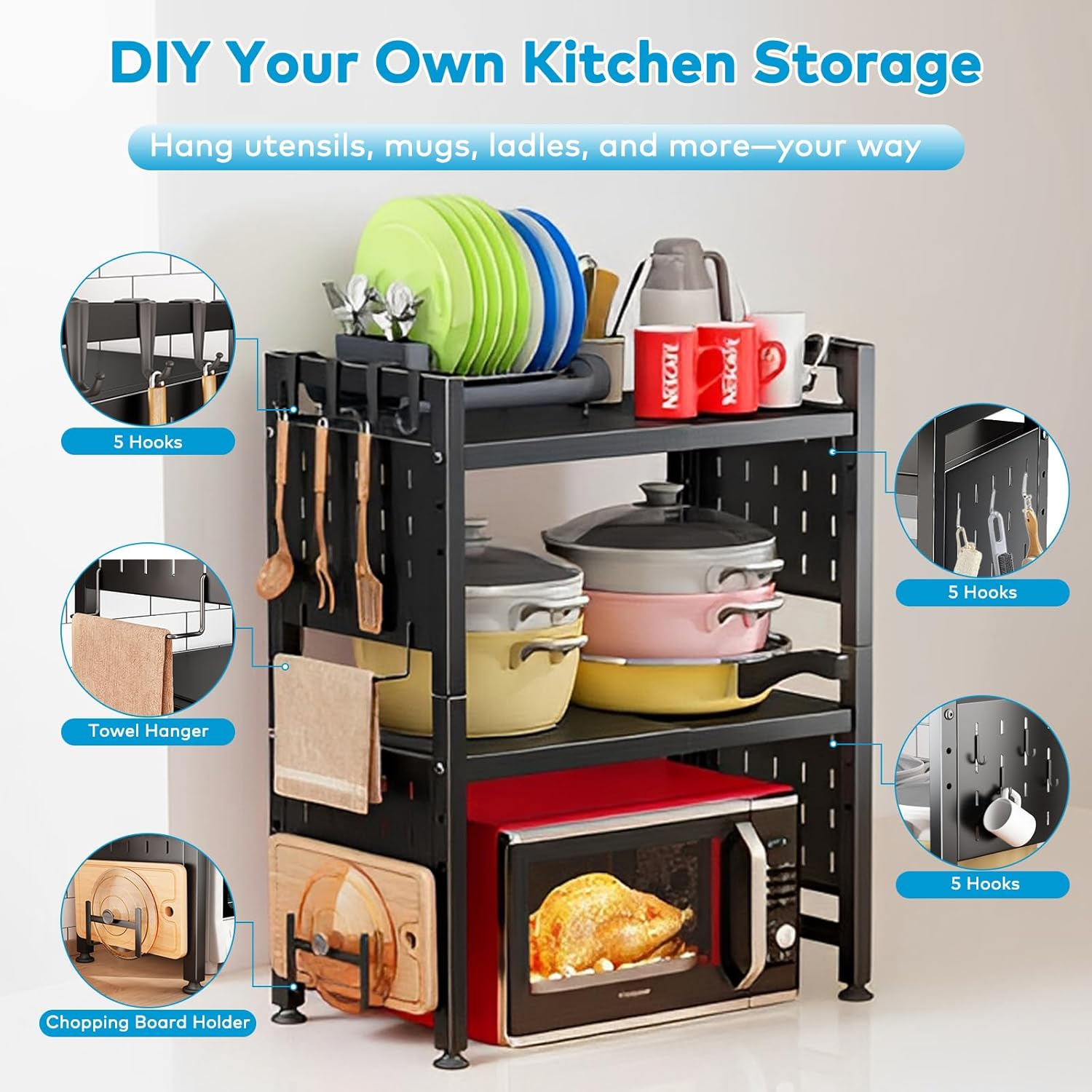 Microwave Shelf, 3-Tier Expandable Microwave Stand with DIY Pegboard &ndash; Adjustable Kitchen Benchtop Oven Rack with Towel Bar, Cutting Board Holder & 15 Hooks (Black) image number 3