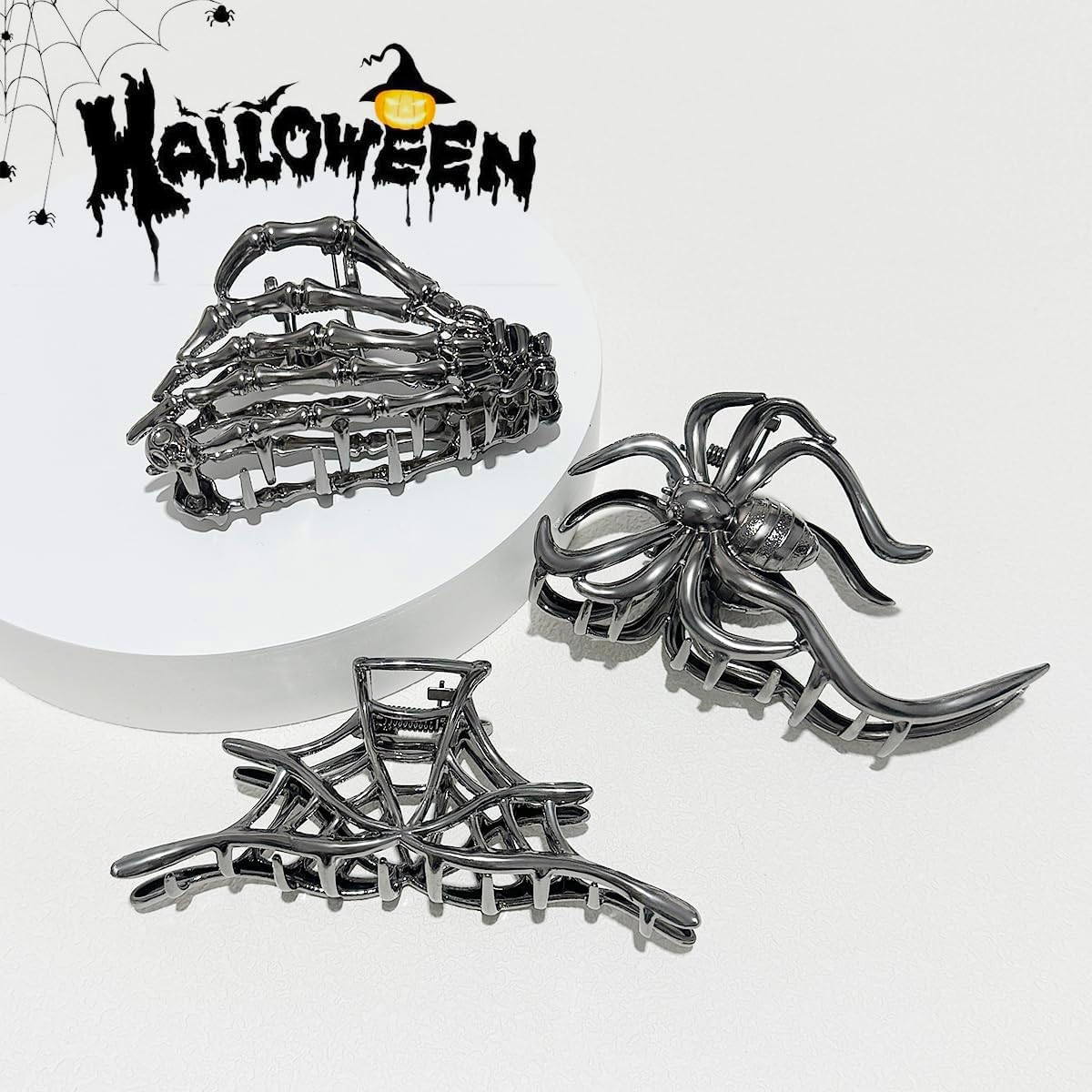 Pack of 3 Metal Hair Clips, Spider Hair Clips, Skull Claw Hair Clip, Non-Slip Claw Clip, Gothic Hair Clips, for Women, Girls, Halloween Hair Styling Accessories (D) image number 3