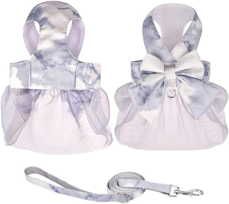 Dog Harness and Leash Set with Bow Knot - Gradient Color Dog Leash Princess Gauze Dress Pet Dress Back Small and Medium Puppy Harness for Small Girl Dogs Cats (Graywhite, S) image number 6
