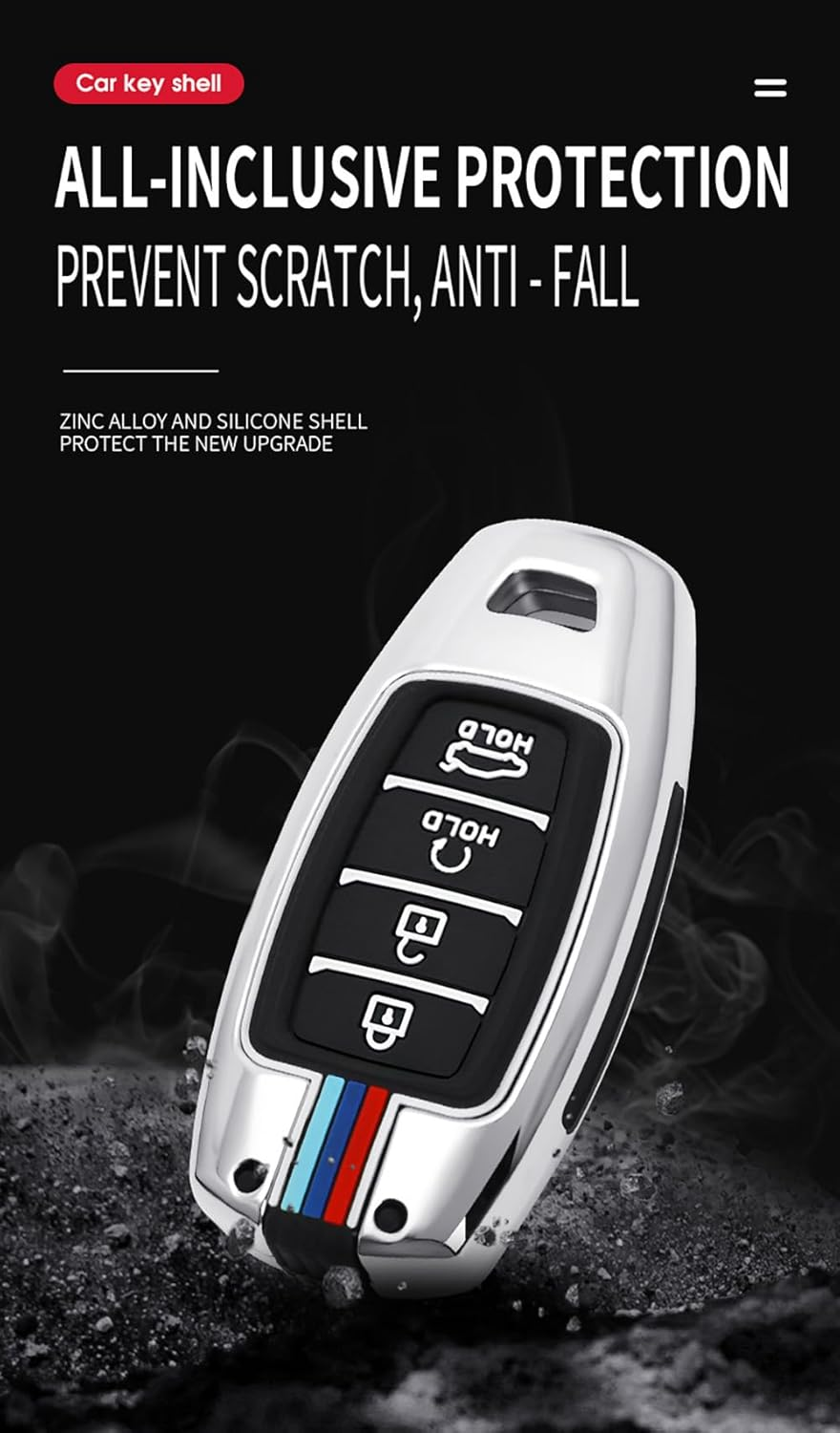 Ontto Metal Car Key Fob Cover Fit for Hyundai I30 Ix35 Kona Elantra Solaris Azera Accent Palisade Santa Fe Remote Key Case Keyring Silicone Key Shell Holder Bag Keychain Accessories 4 Button-C Silver - 3 Buttons-Silver image number 5