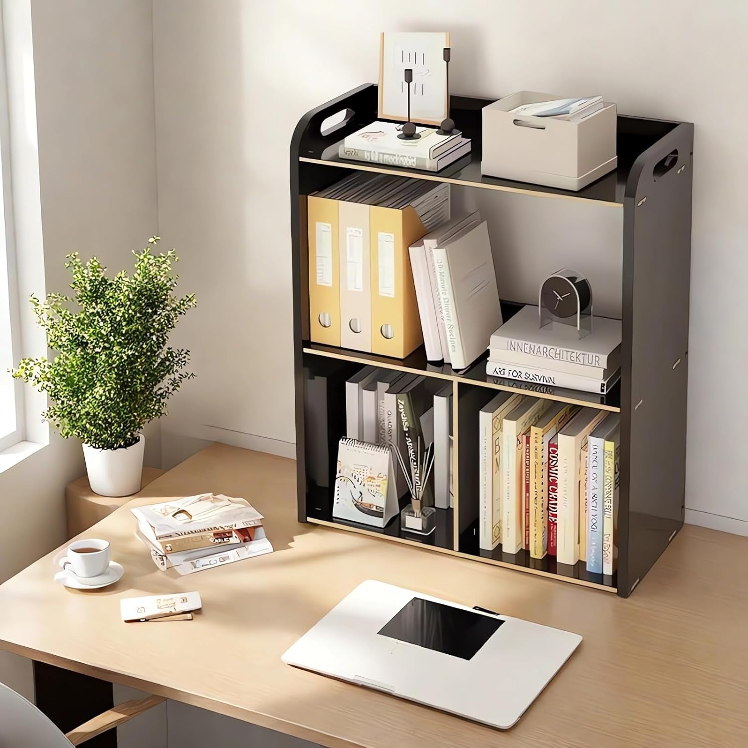 Bookcase, Desktop Organizer, Office Desk Storage Shelf, Desktop Bookcase Wood Bookshelf A12 (A Wood)