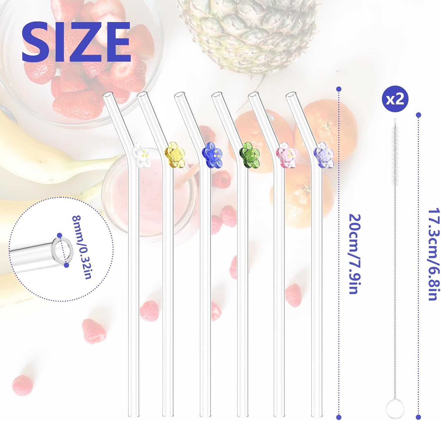 Bigqin 6 Pcs Glass Straws Reusable, Cute Clear Flower Drinking Straws with 2 Cleaning Brushes, Food Grade Reusable Straws Dishwasher Safe for Drinking Smoothies, Juices, Shakes, Cocktails image number 2