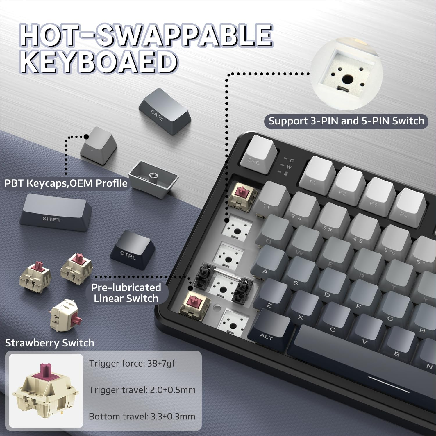 ATTACK SHARK X87 Wireless Gasket Mechanical Keyboard,Tkl Tri-Mode Bt5.0/2.4Ghz/Usb-C Gaming Keyboard,Hot Swappable,Side Printed PBT Keycaps,Pre-Lubed Strawberry Switche RGB Backlit Keyboard-Moon Night image number 6
