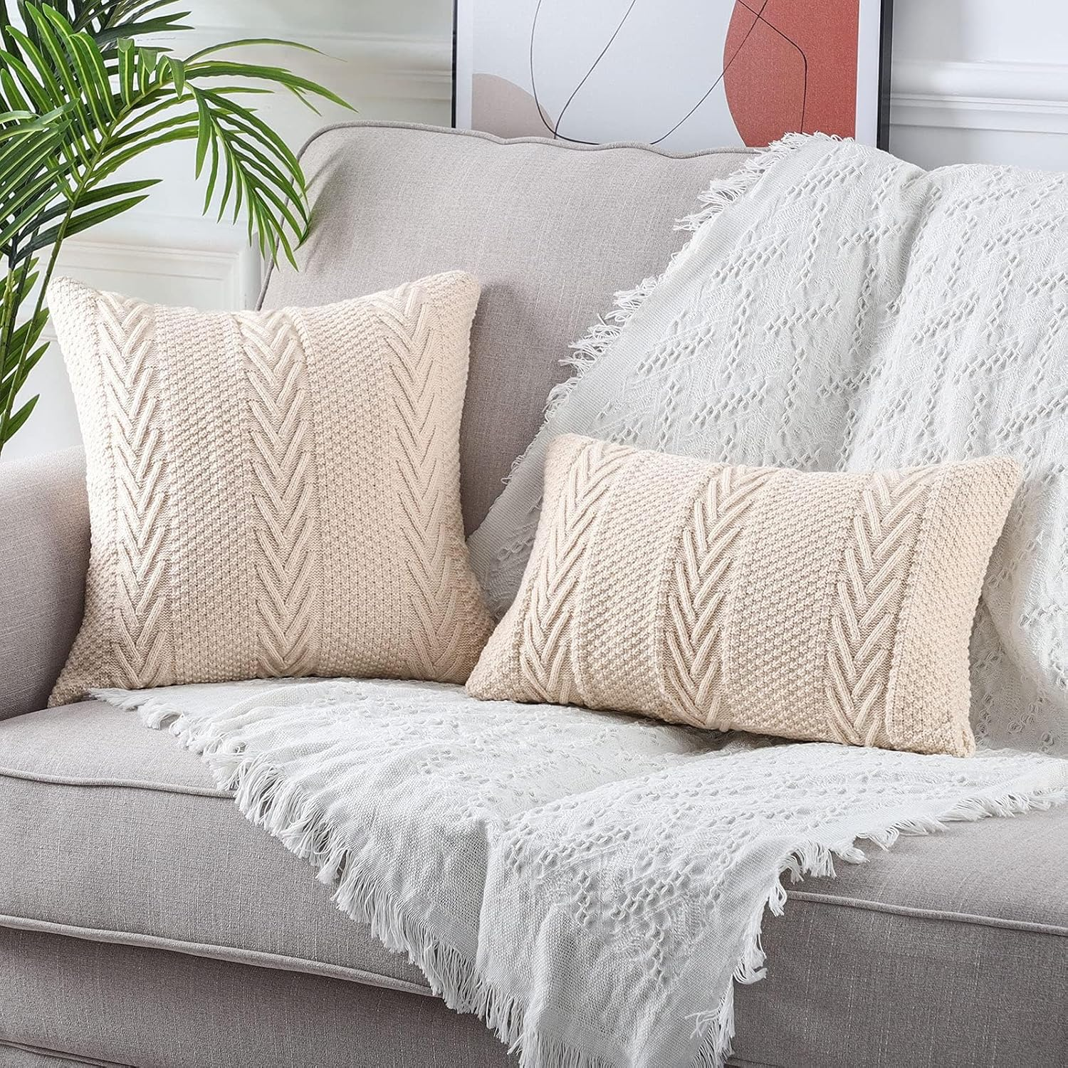 18X18 Inches Cotton Knitted Decorative Lumbar Throw Pillow Covers, Soft Cozy Outdoor Cushion Cases Luxury Modern Pillowcases for Couch Sofa Bed Beige image number 1