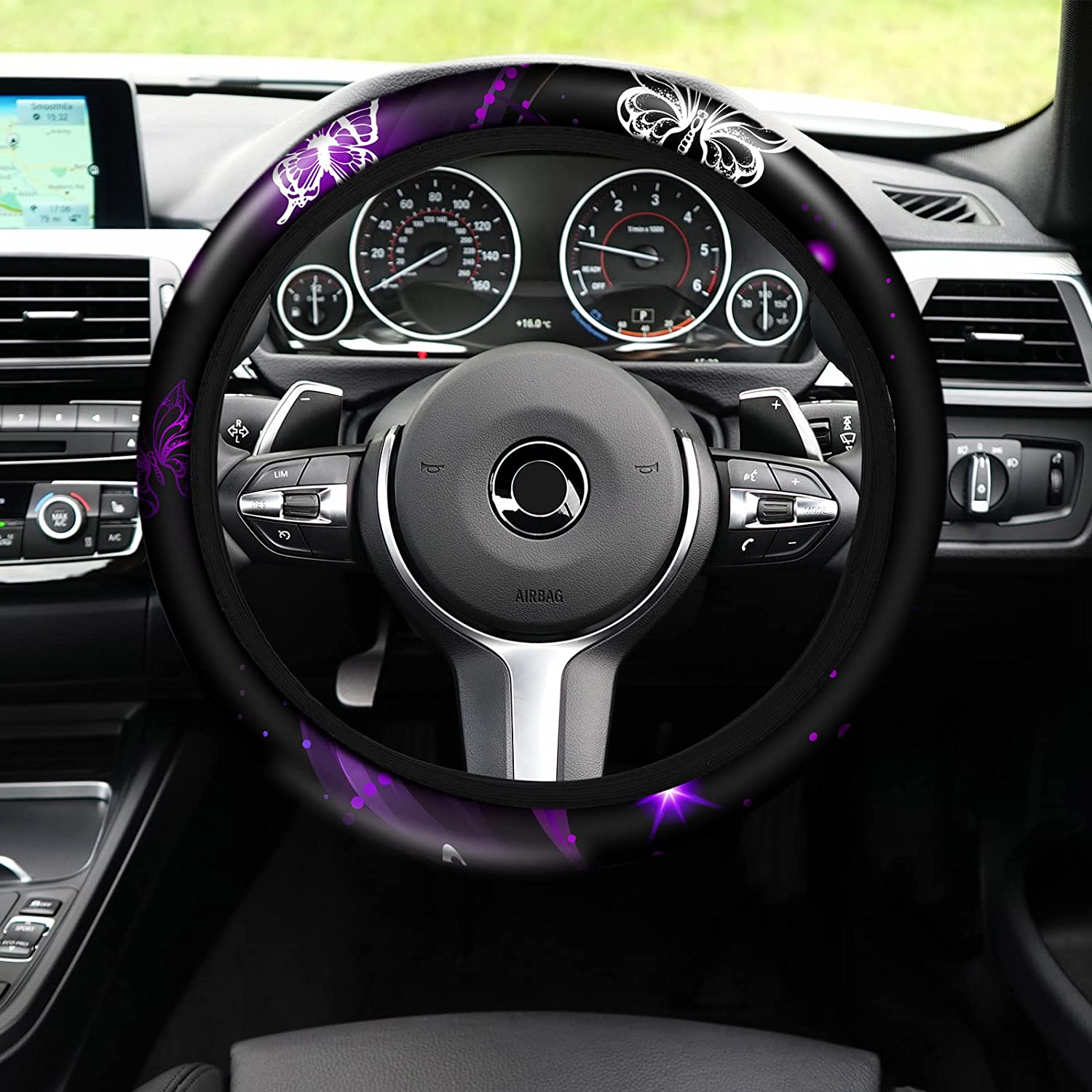 15 Pcs Butterfly Car Seat Covers Full Set Butterfly Front Rear Seat Covers Steering Wheel Cover Wrist Strap Coasters Armrest Shoulder Pads (Purple Glitter Butterfly Style) - Classic Butterfly Style image number 7