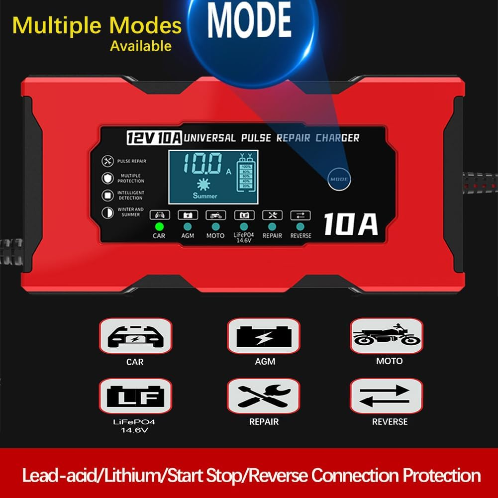 Augoing Battery Charger for 12V10A Lead Acid and 14.6V Lithium Iron Phosphate (Lifepo4) Batteries, Automatic Car Maintainer Trickle and Desulfator with Pulse Repair and Temperature Compensation image number 1