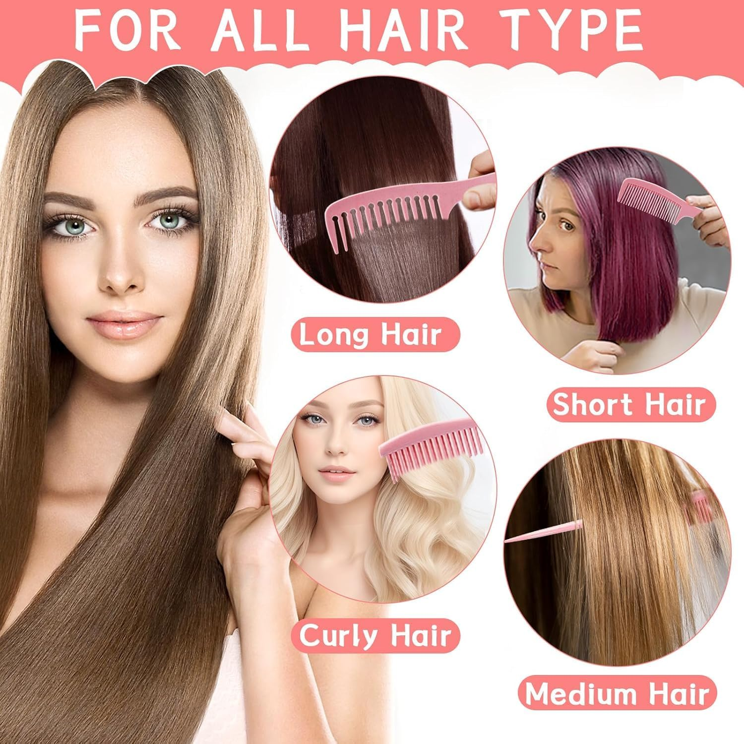 Hair Comb Sets 5Pcs Hairdressing Comb, Professional Barber Salon Hair Styling Combs, Detangling Combs, Rat Tail Comb, Heat Resistant Anti-Static Suitable for Long Wet Thick Curly, Pink image number 5