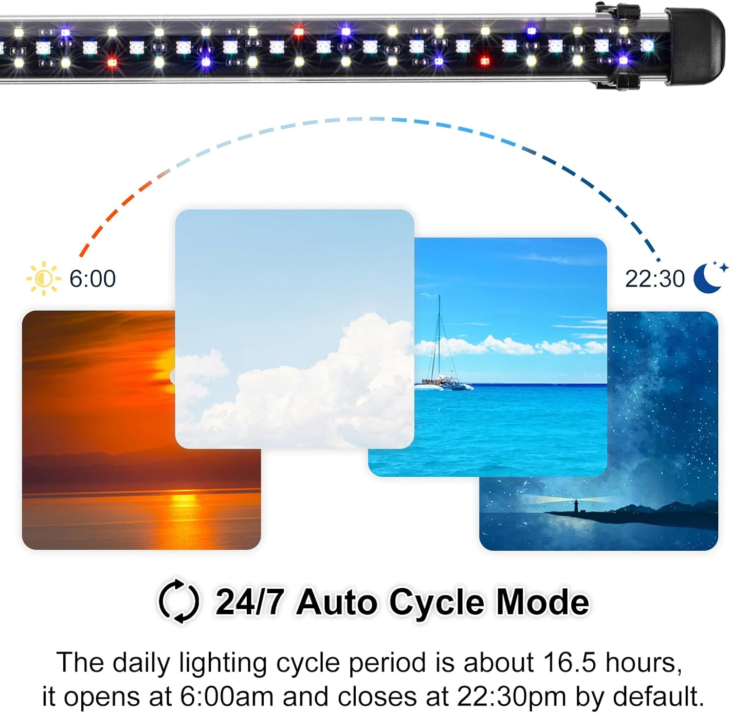 Driamor Submersible Aquarium Light, 38 CM Fish Tank Light with 60Pcs LED Beads IP68 Waterproof Brightness Adjustable RGB LED Lamp with Timer Mode, 24/7 Auto Cycle Mode, 4 Scenes Mode and 7 Colors Mode image number 6