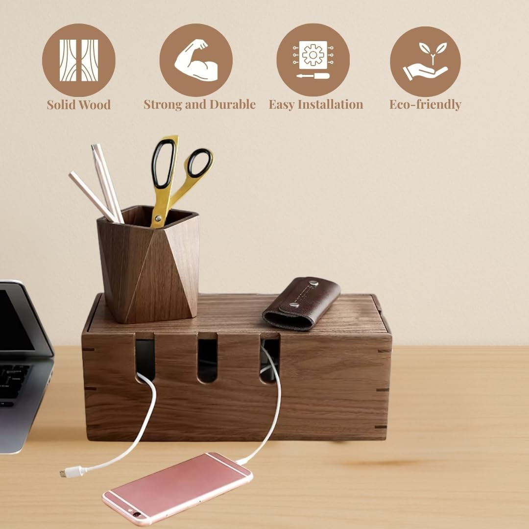 Kitsphere Large Wooden Cable Management Box &ndash; 35 X 13 X 16 Cm Cords Organiser for Power Board & Surge Protectors &ndash; Wire Organizer Box for Desk, TV Unit & Computer Desk image number 3