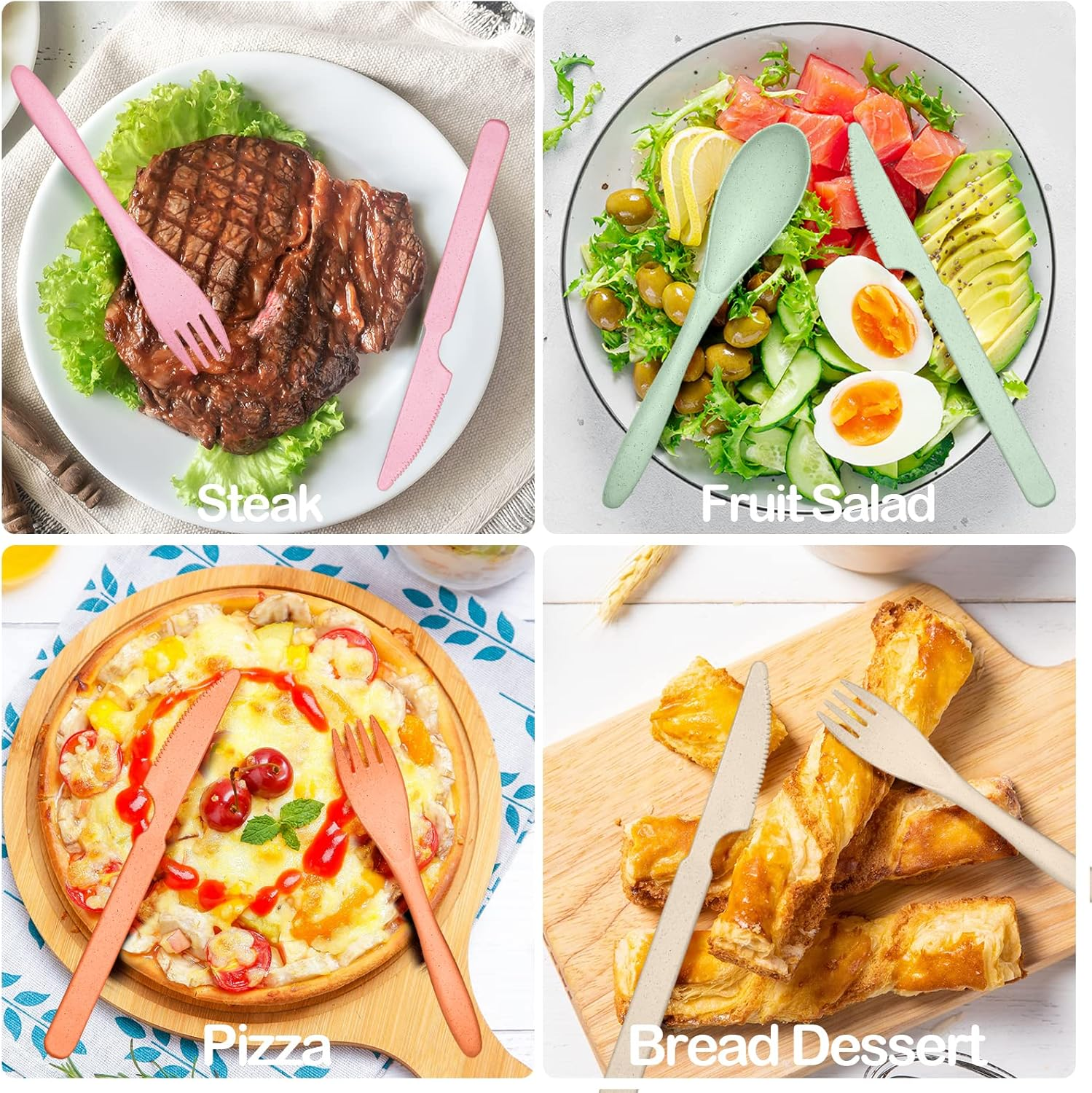 Reusable Travel Utensils Set with Case, 2 Sets Wheat Straw Portable Plastic Fork Spoons Knife Camping Cutlery, Eco-Friendly BPA Free Lunch Tableware for Kids Adults Travel Picnic Utensils - 12 Sets - Multiple Colors image number 3