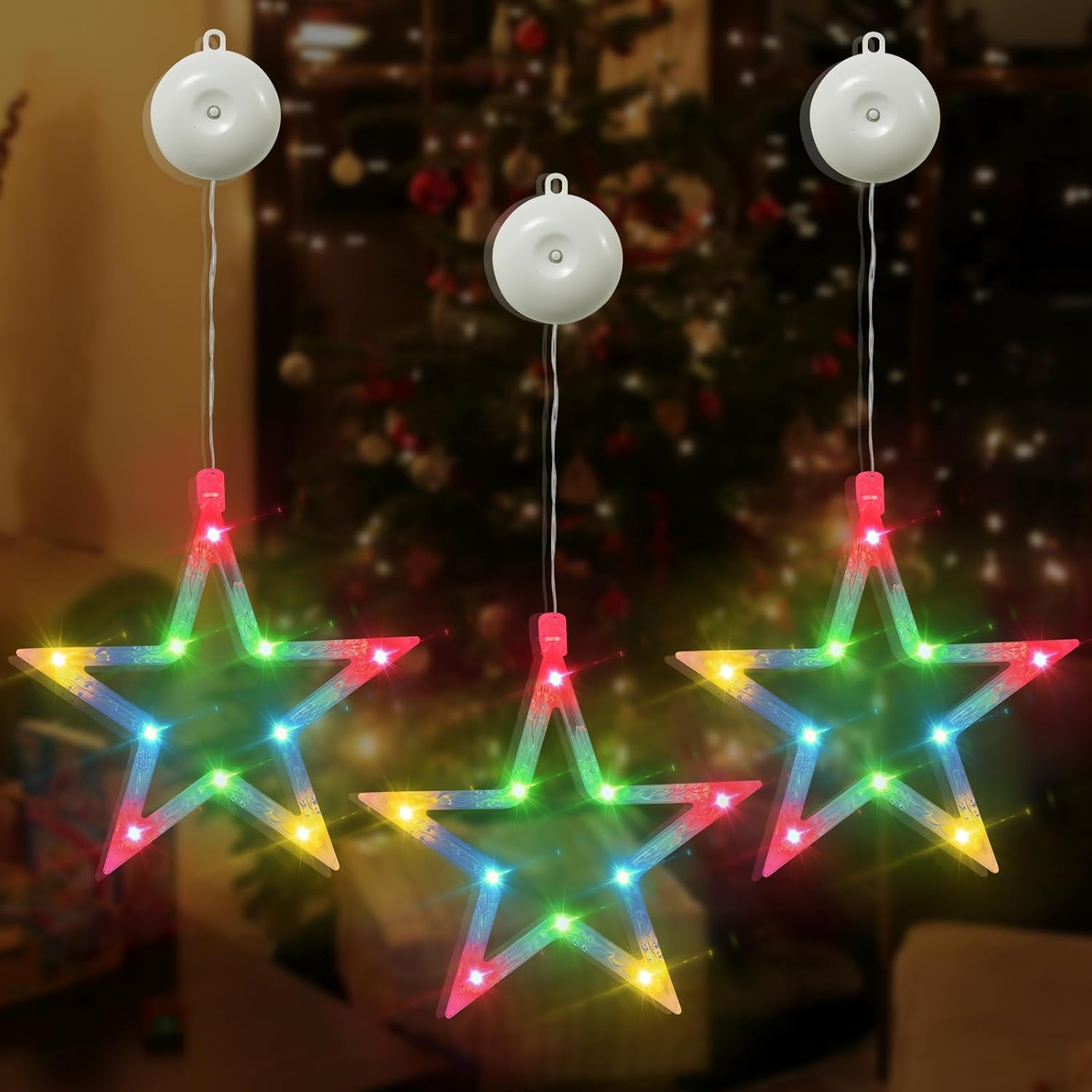 BAOMING Christmas Window Lights Hanging Stars 3, RGB Colour Changing, Battery Operated, for Window, Door, Interior Walls Decorating