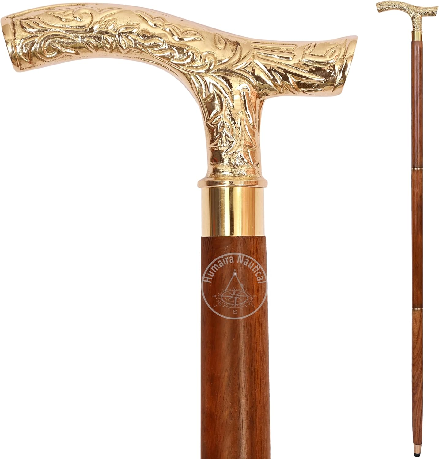 Humaira Nautical Walking Stick - Men Derby Canes and Wooden Walking Stick for Men and Women - 37" Brown Ebony Brass T Shape Handle in Golden Tone Natural Wood Unisex Cane image number 1