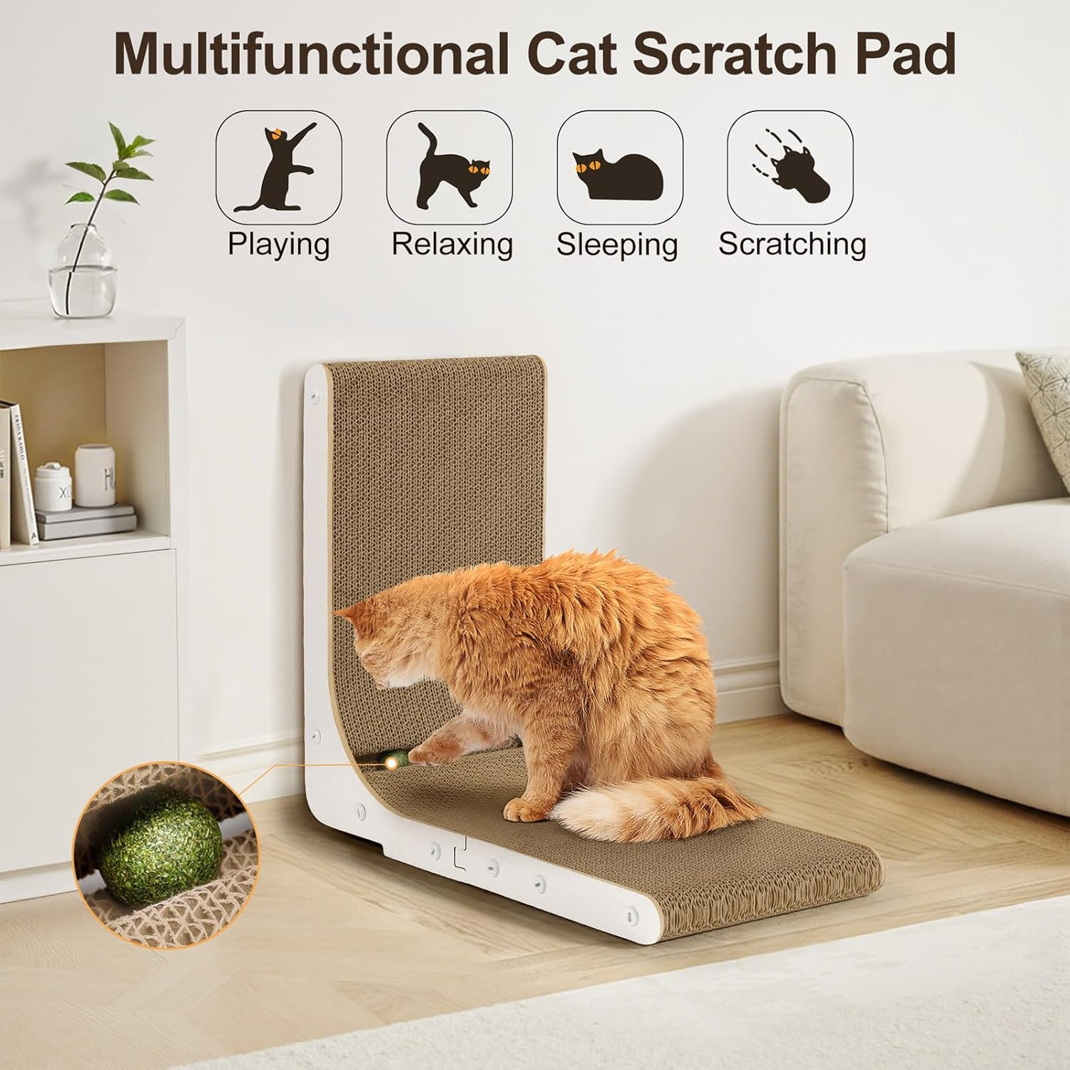 Gimars Vertical Cat Scratcher, L-Shape 68CM Cat Scratching Cardboard with Balls, Large Size Cat Scratch Pad Wall Mounted, Cat Toys for Protecting Furniture (White 47Hx42Wx25L) image number 5